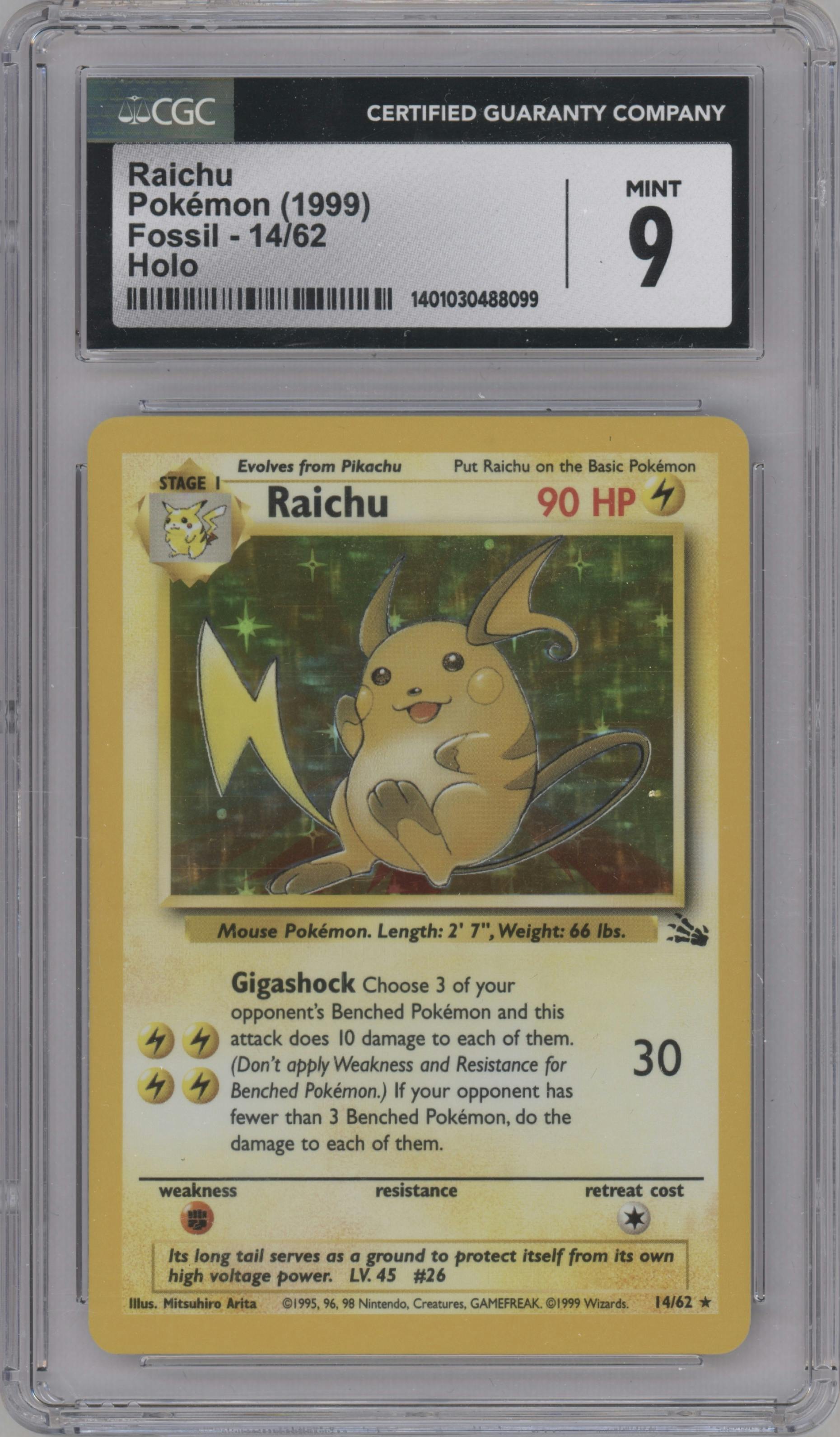 Raichu from the 1999 Pokemon set graded by CSG and given an overall grade of 9.
