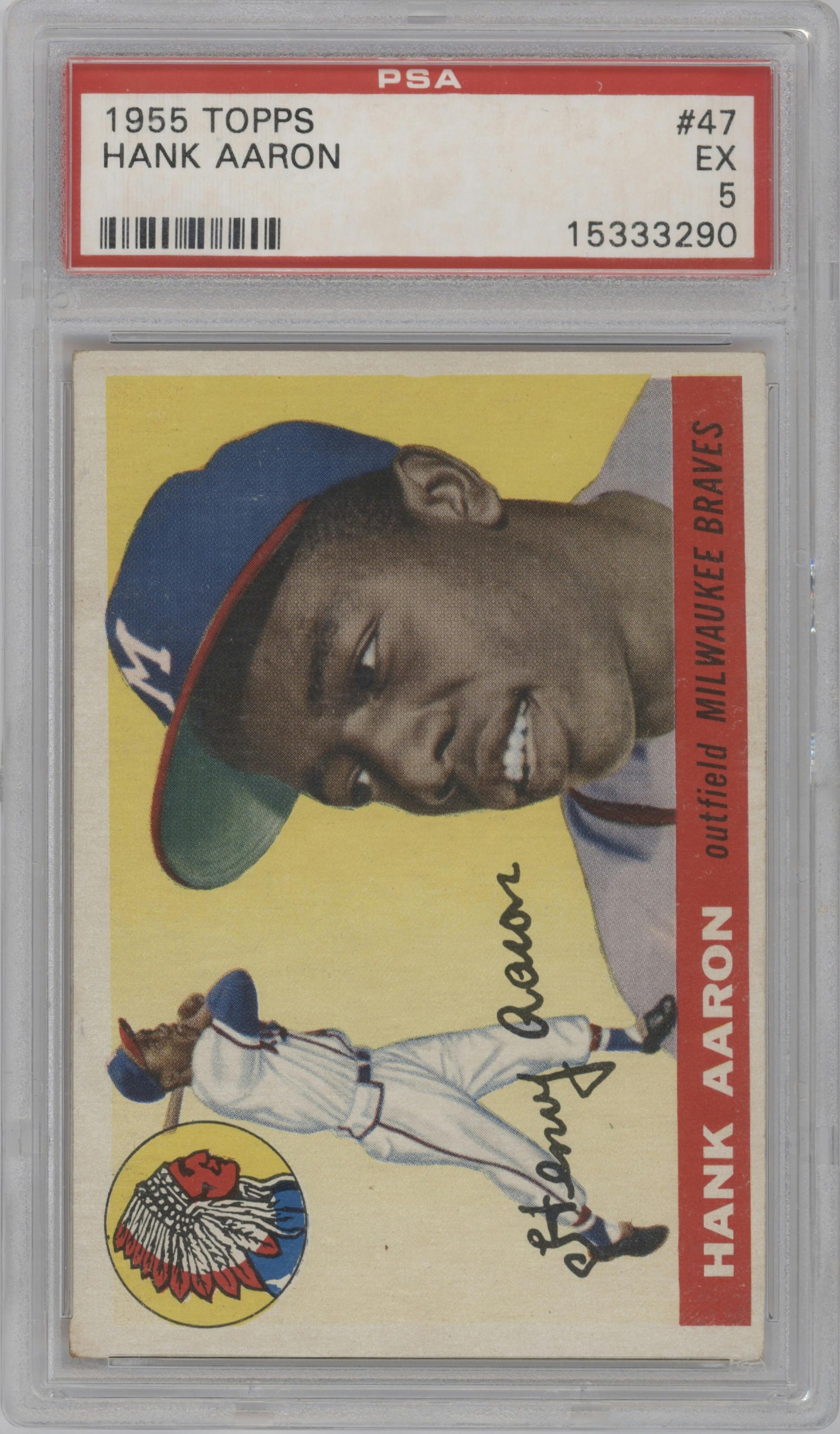 Hank Aaron from the 1955 Topps set graded by PSA and given an overall grade of 5.