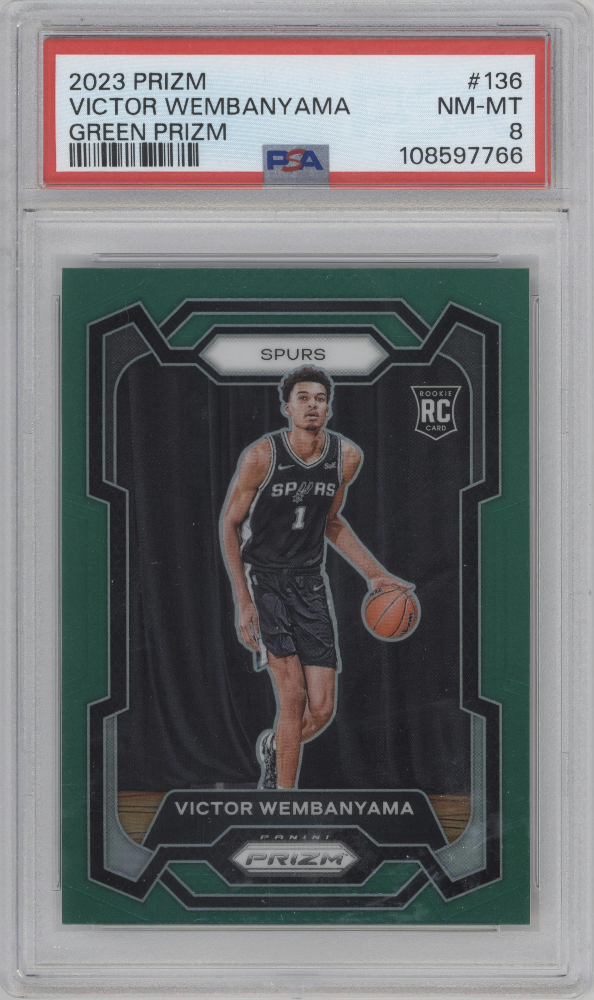 Victor Wembanyama from the 2023-24 Panini Prizm set featuring a Green Prizm parallel graded by PSA and given an overall grade of 8.