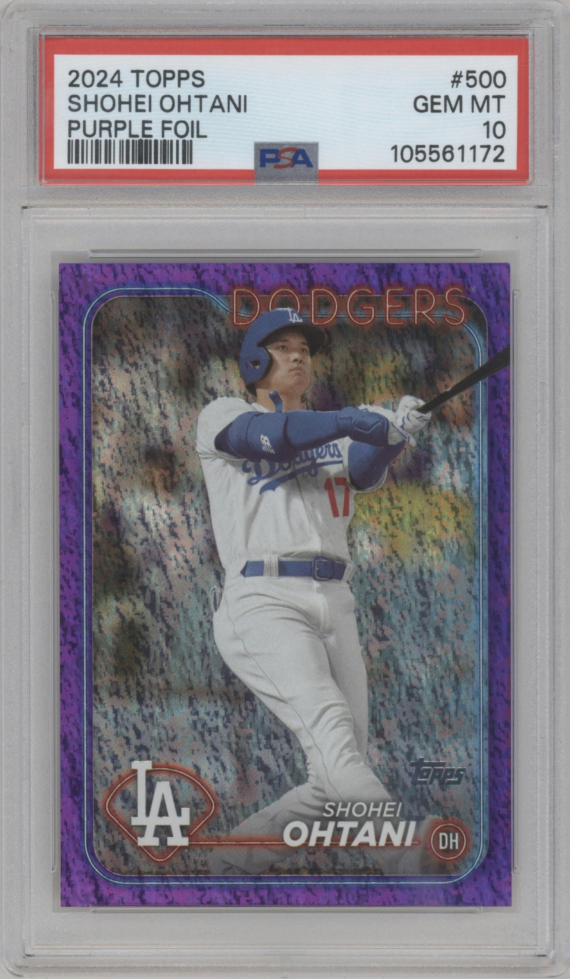Shohei Ohtani from the 2024 Topps  set featuring a Purple Holofoil parallel graded by PSA and given an overall grade of 10.