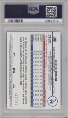Shohei Ohtani from the 2024 Topps  set featuring a Purple Holofoil parallel graded by PSA and given an overall grade of 10.