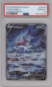 Suicune V from the 2023 Pokemon SWSH set graded by PSA and given an overall grade of 10.