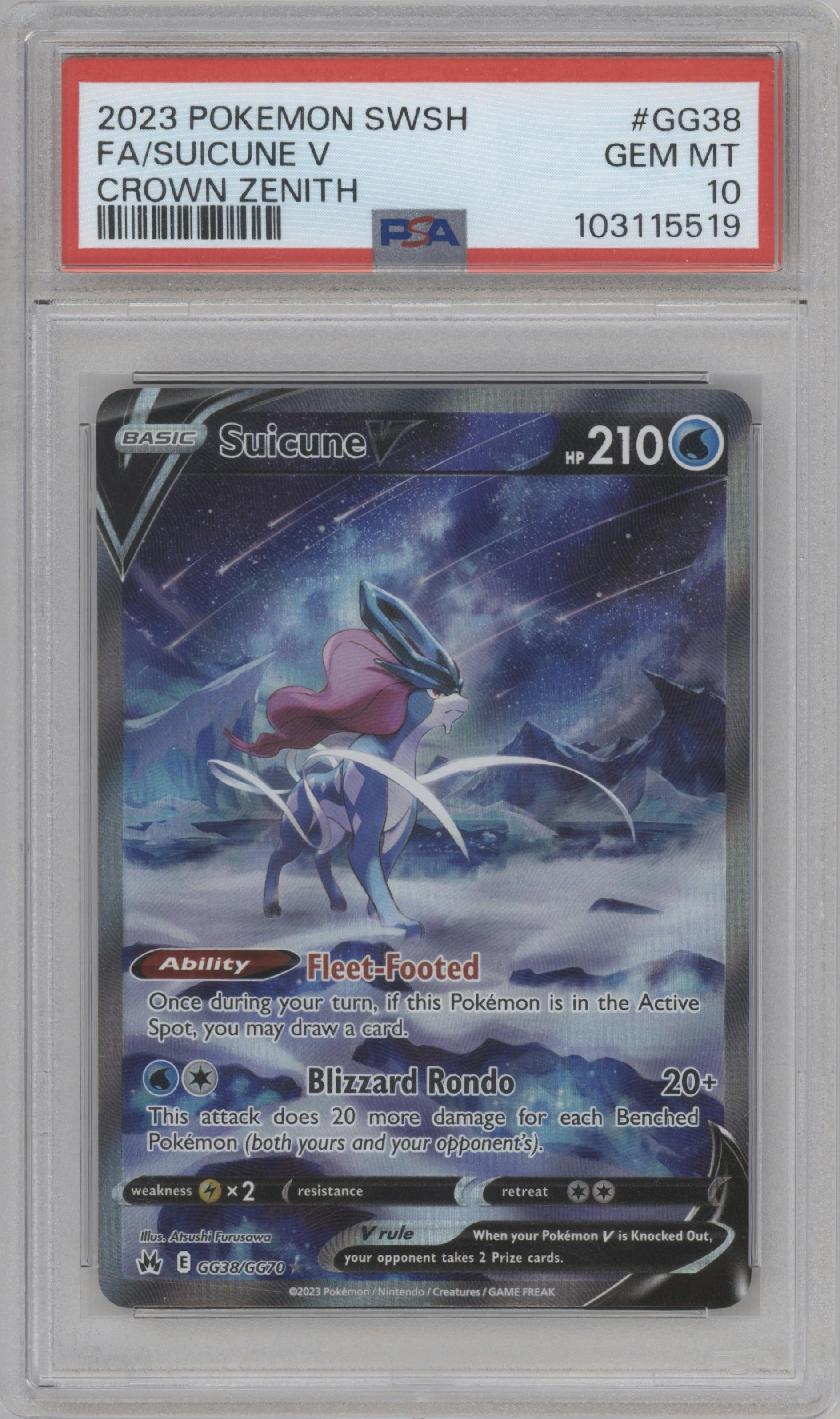 Suicune V from the 2023 Pokemon SWSH set graded by PSA and given an overall grade of 10.