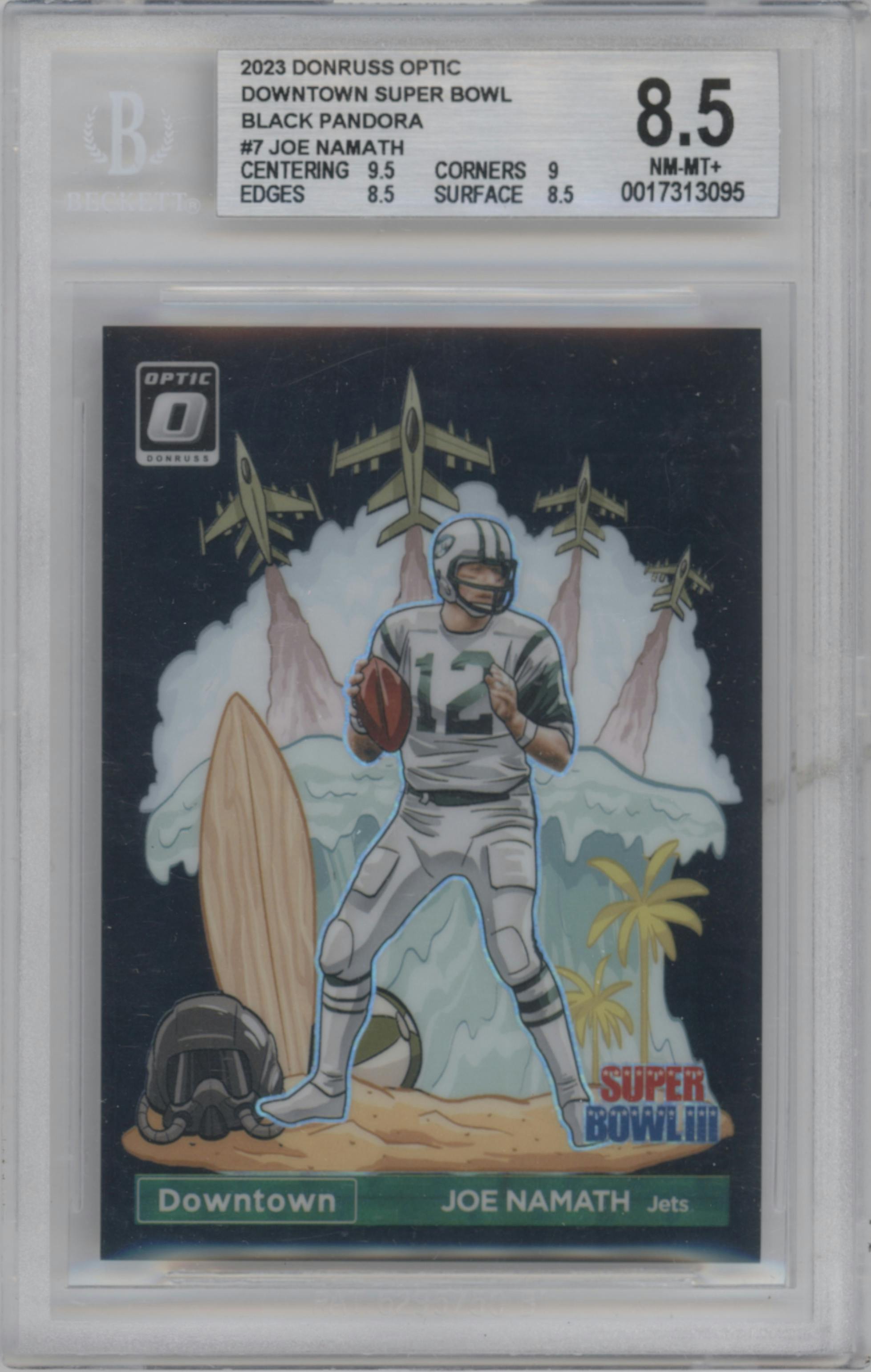Joe Namath from the 2023 Donruss Optic set featuring a Black Pandora parallel graded by Beckett and given an overall grade of 8.5.
