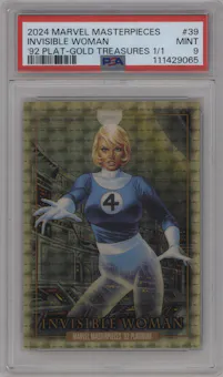 Invisible Woman from the 2024 Upper Deck Marvel Masterpieces '92 Platinum set featuring a Golden Treasures parallel graded by PSA and given an overall grade of 9.