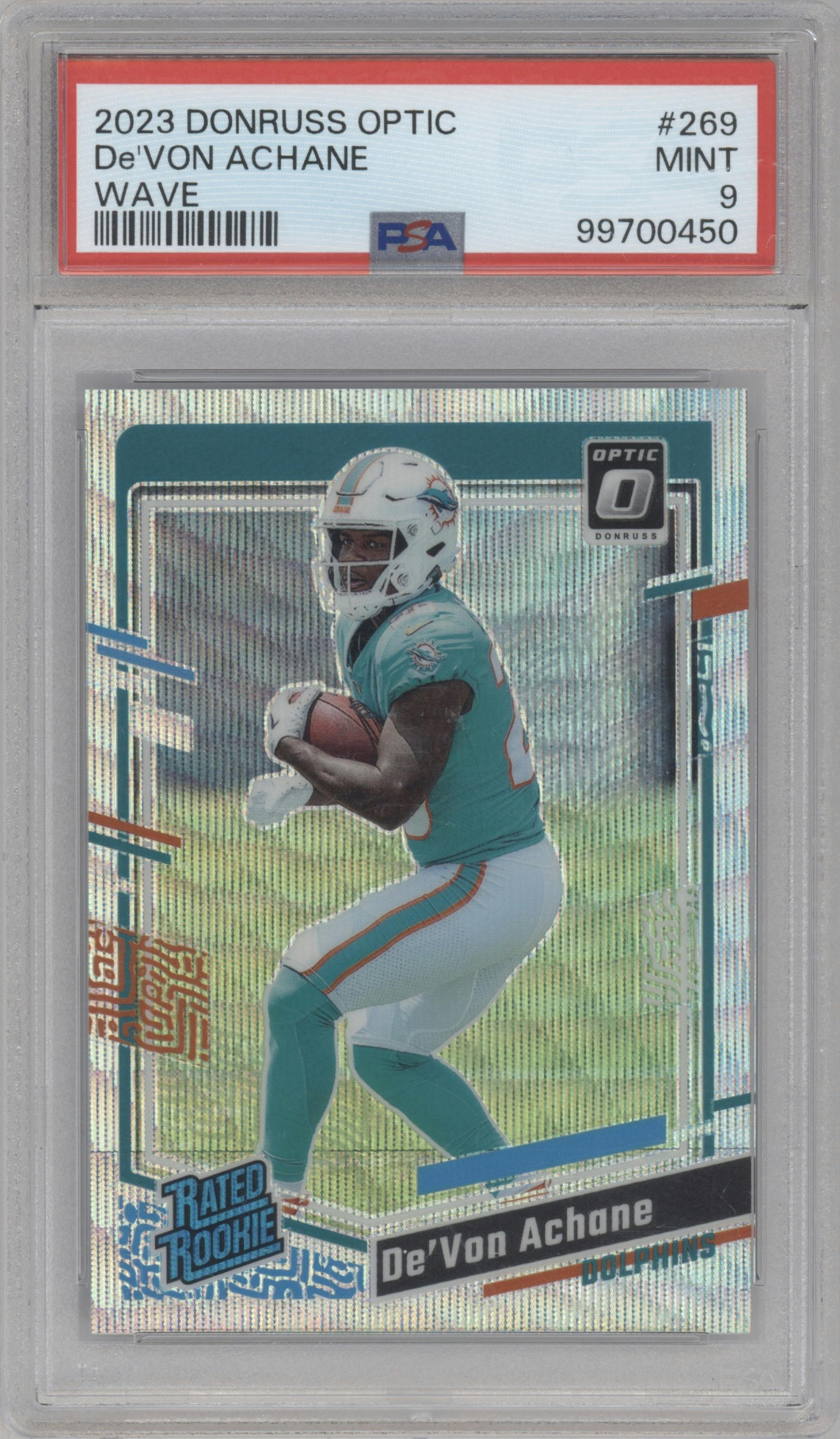 De'Von Achane from the 2023 Donruss Optic set featuring a Wave parallel graded by PSA and given an overall grade of 9.