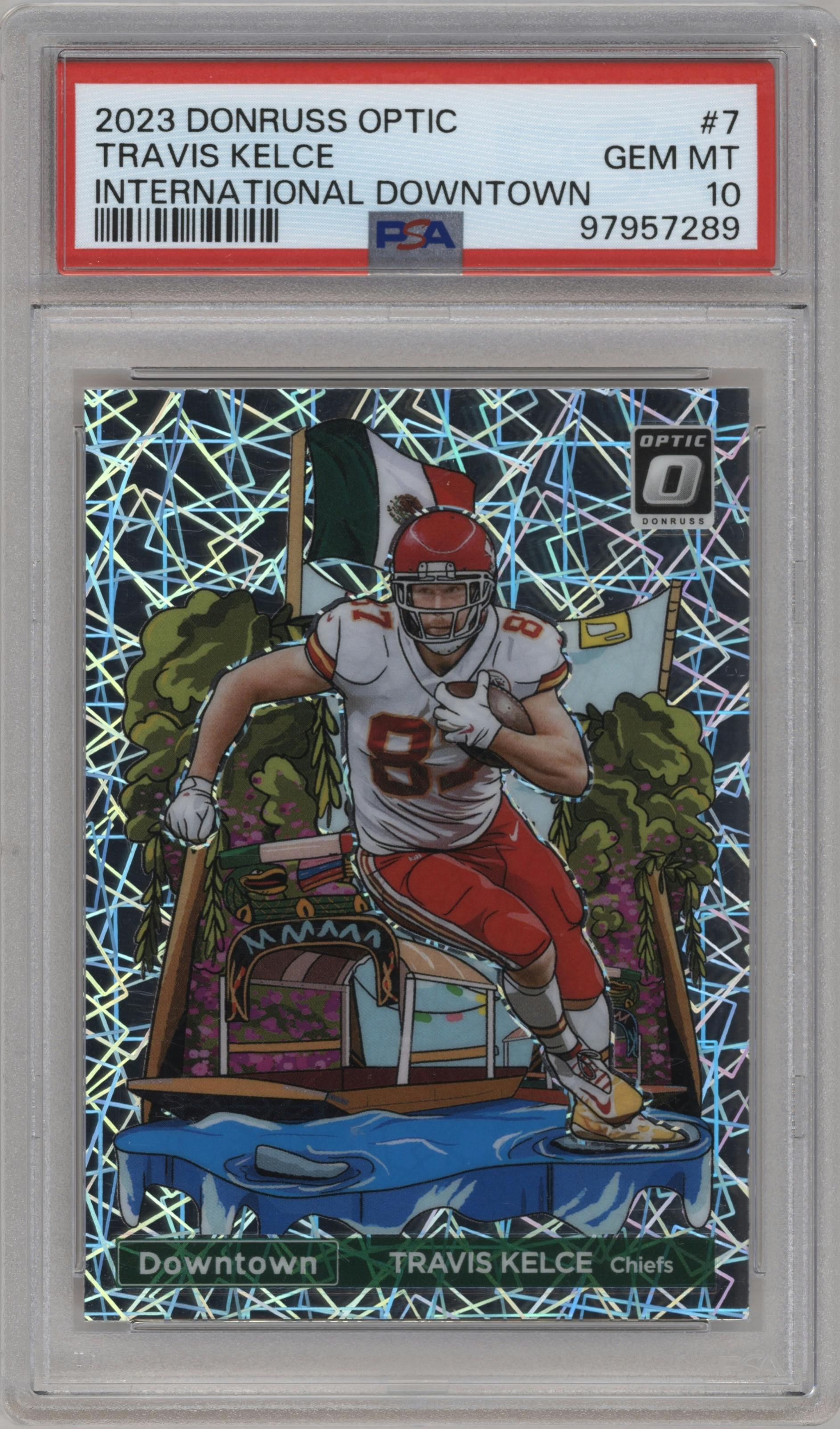 Travis Kelce from the 2023 Donruss Optic set graded by PSA and given an overall grade of 10.