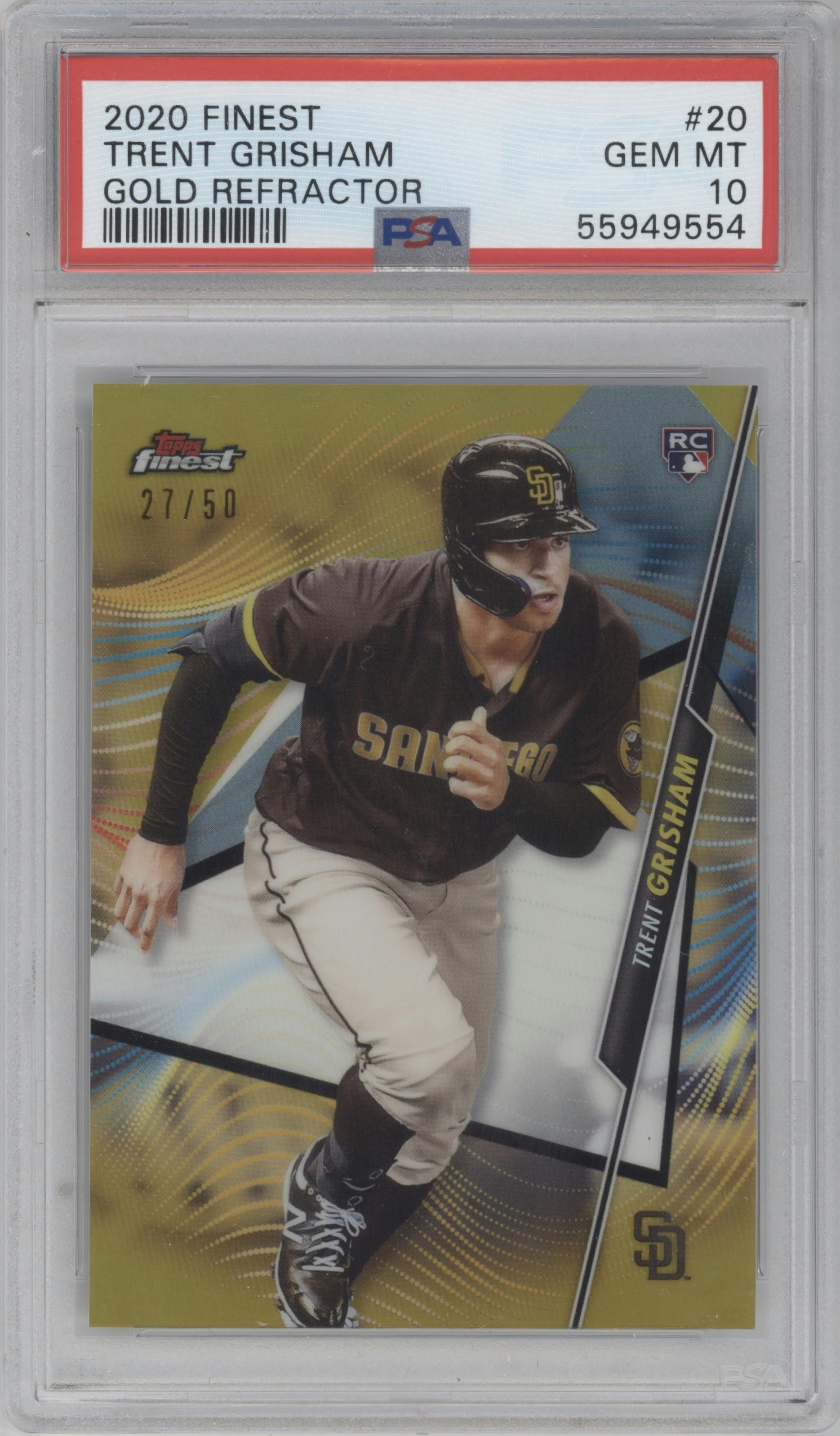 Trent Grisham from the 2020 Topps Finest set featuring a Gold Refractor parallel graded by PSA and given an overall grade of 10.