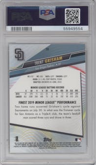 Trent Grisham from the 2020 Topps Finest set featuring a Gold Refractor parallel graded by PSA and given an overall grade of 10.
