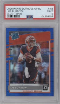 Joe Burrow from the 2020 Panini Donruss Optic set featuring a Hyper Blue  parallel graded by PSA and given an overall grade of 9.