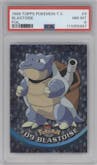 Blastoise from the 1999 Pokemon set featuring a Foil parallel graded by PSA and given an overall grade of 8.
