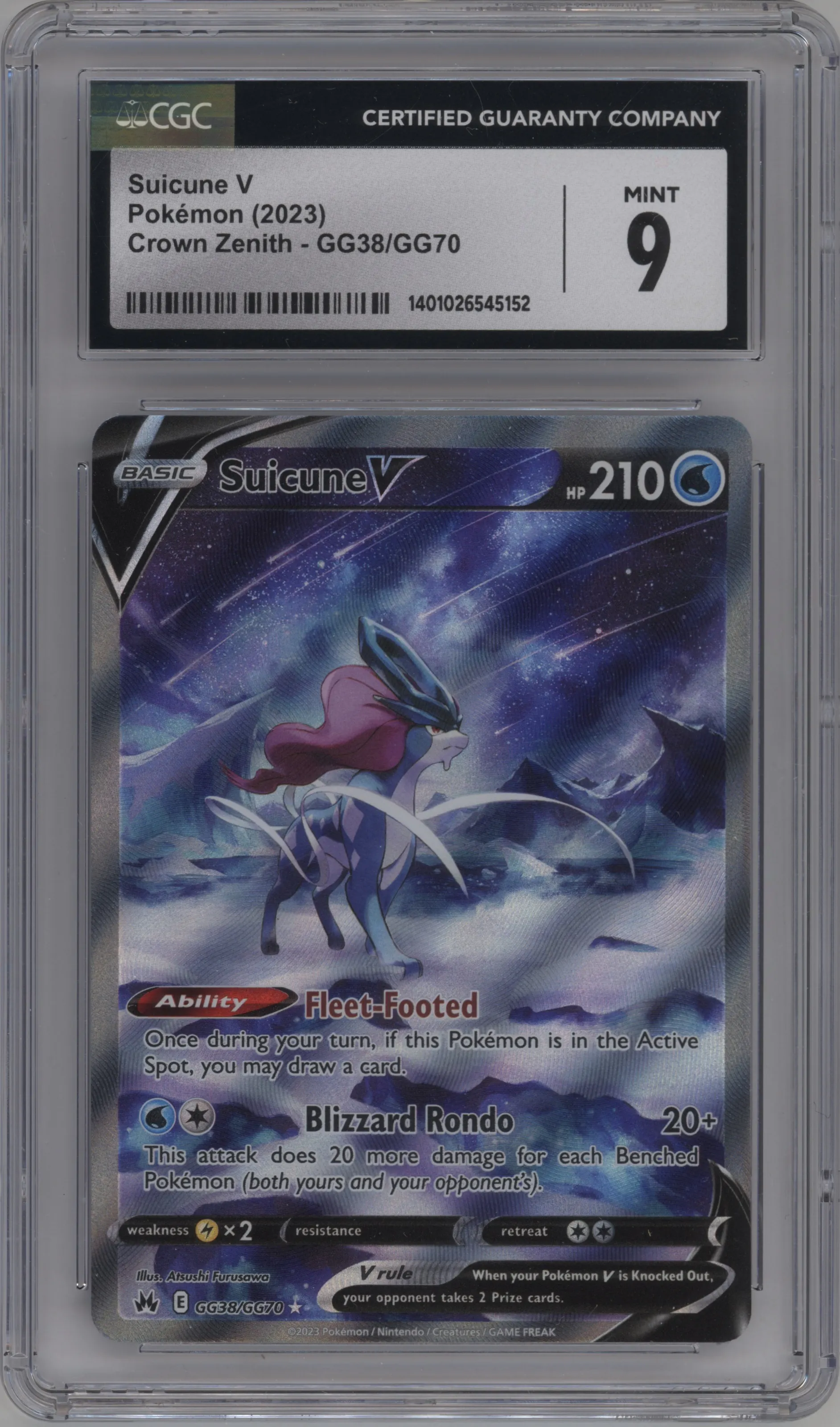 2023 Pokemon SWSH Crown Zenith GG Suicune V CGC 9