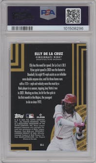 Elly De La Cruz from the 2024 Topps Update set featuring a Blue parallel graded by PSA and given an overall grade of 9.
