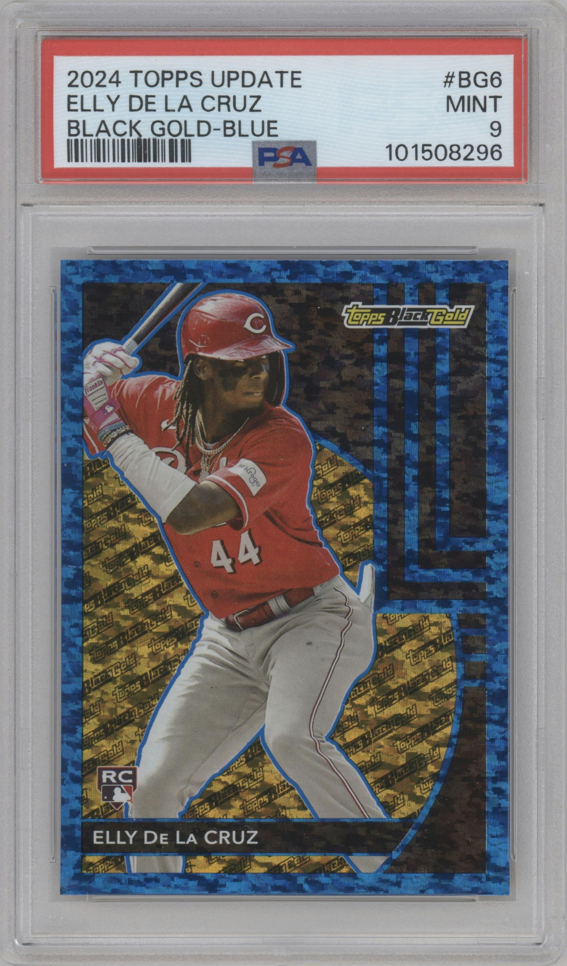 Elly De La Cruz from the 2024 Topps Update set featuring a Blue parallel graded by PSA and given an overall grade of 9.