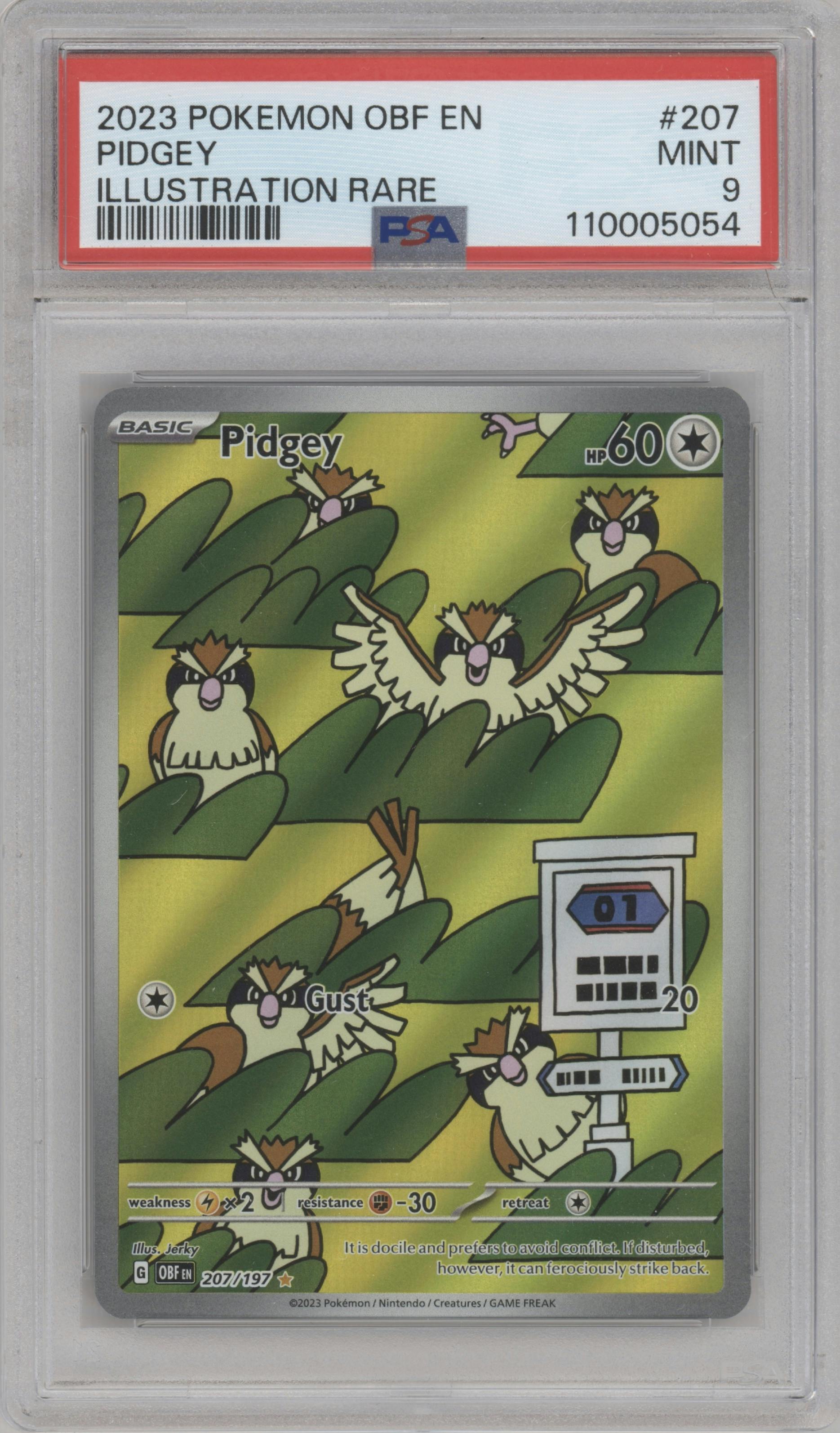 Pidgey from the 2023 Pokemon SV set graded by PSA and given an overall grade of 9.