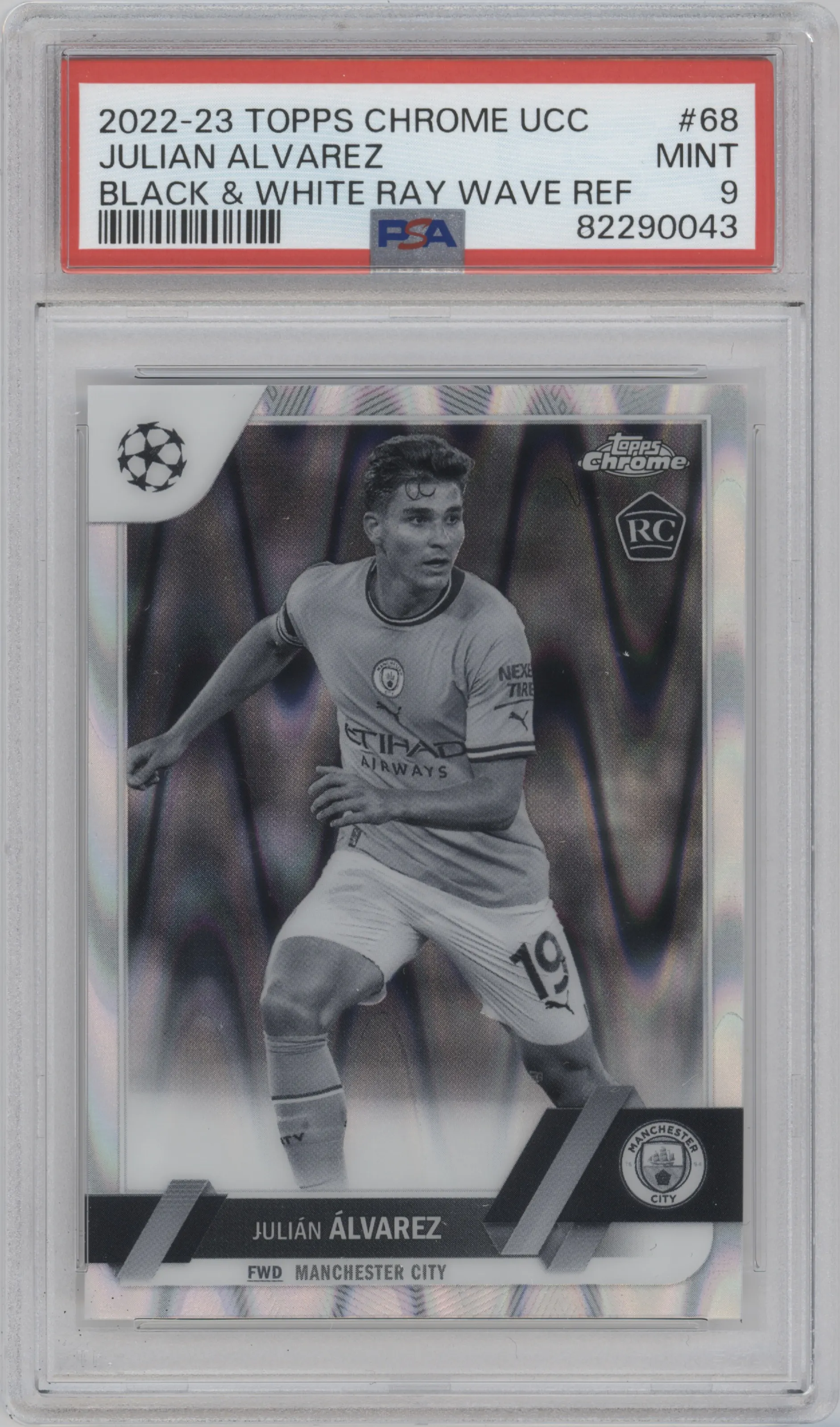 2022 Topps Chrome UEFA Club Competitions Julian Alvarez Black & White Ray Wave Refractor PSA 9