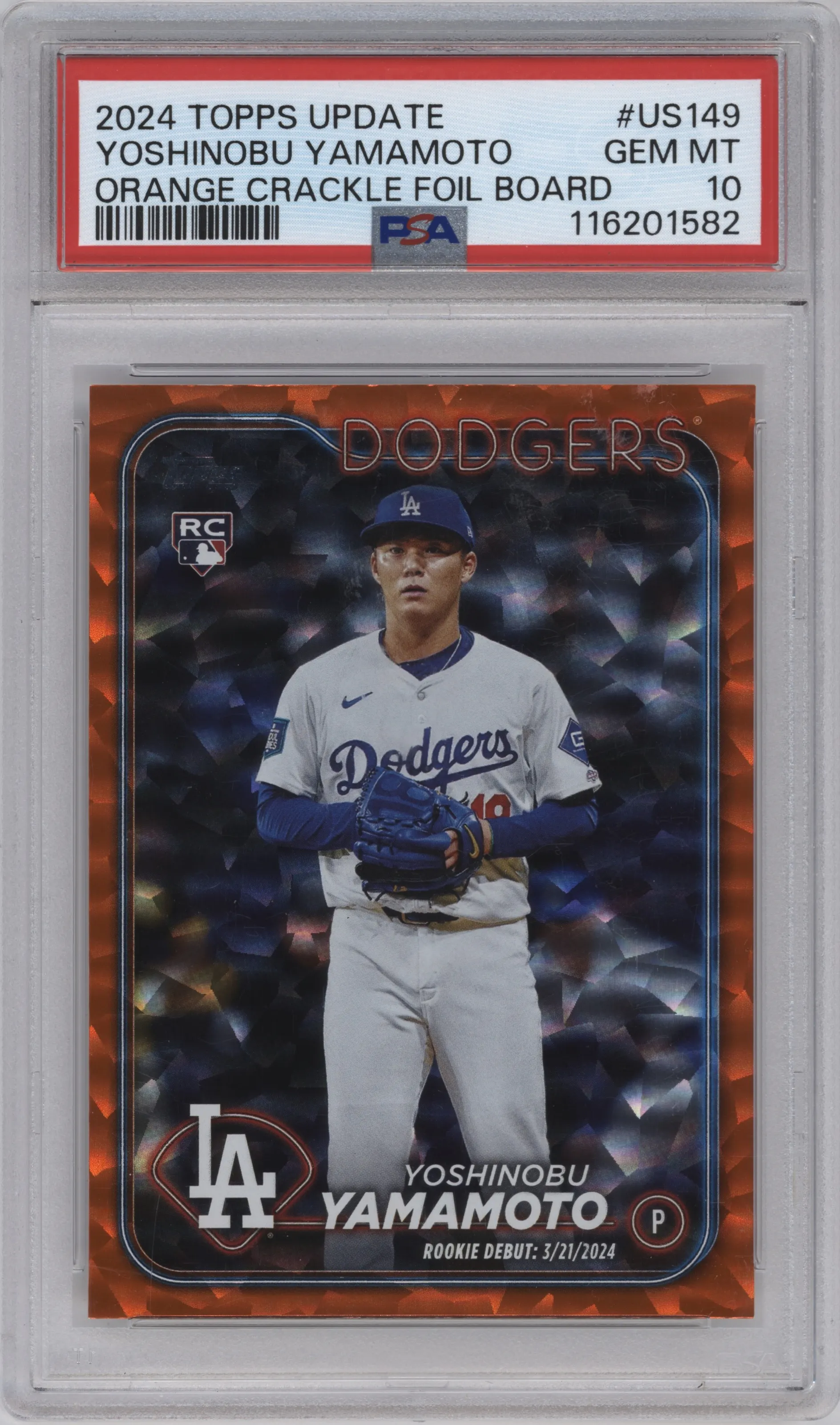 2024 Topps Update Yoshinobu Yamamoto Orange Crackle Foilboard #US149 PSA 10