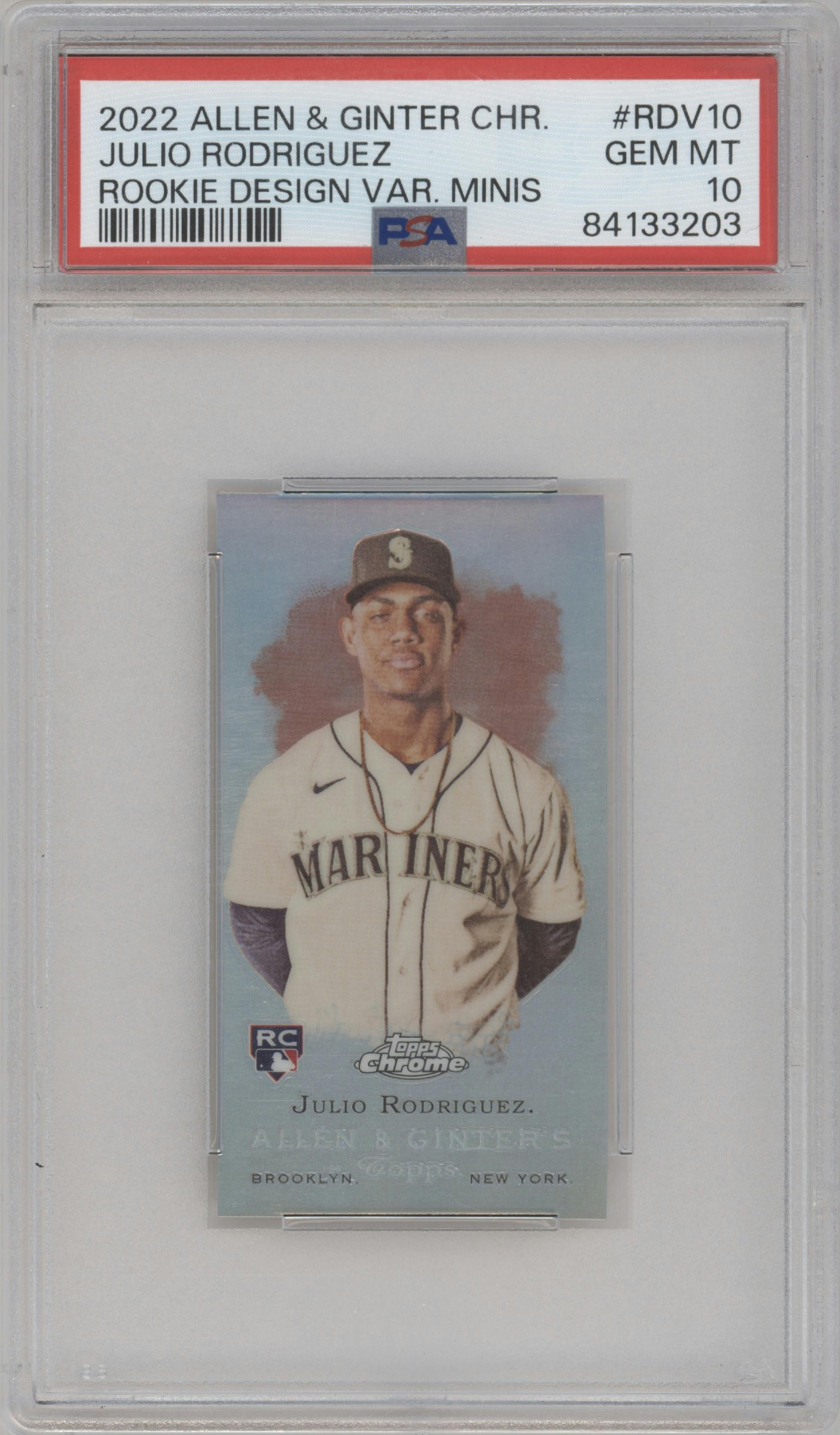 Julio Rodriguez from the 2022 Topps Allen & Ginter Chrome set graded by PSA and given an overall grade of 10.