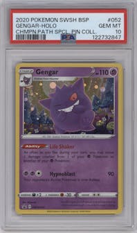 Gengar from the 2020 Pokemon SWSH set featuring a Champion's Path Special Pin Collection parallel graded by PSA and given an overall grade of 10.