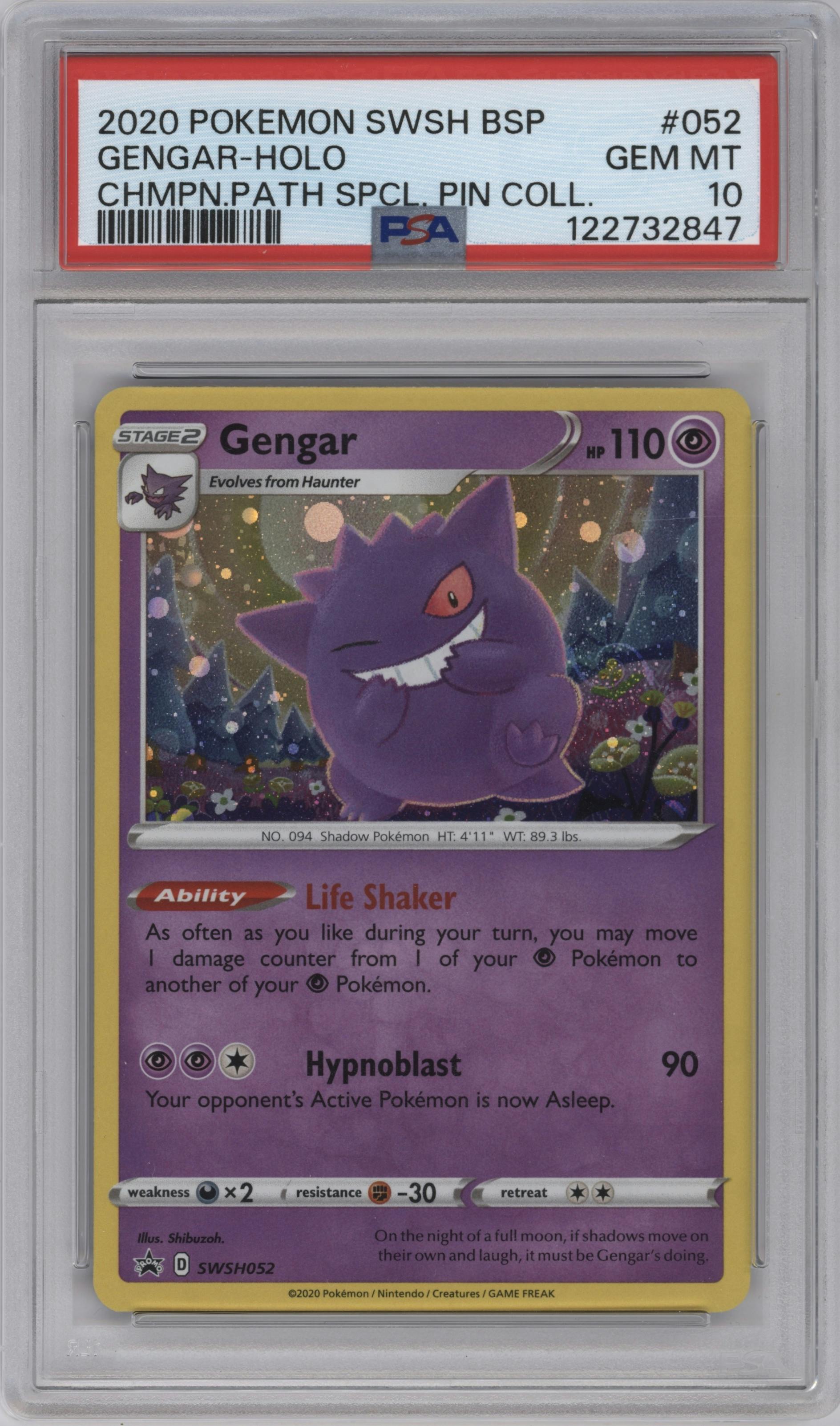 Gengar from the 2020 Pokemon SWSH set featuring a Champion's Path Special Pin Collection parallel graded by PSA and given an overall grade of 10.