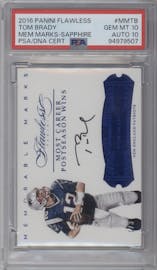 Tom Brady from the 2016 Panini Flawless set featuring a Sapphire parallel graded by PSA and given an overall grade of 10.