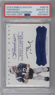 Tom Brady from the 2016 Panini Flawless set featuring a Sapphire parallel graded by PSA and given an overall grade of 10.