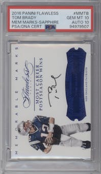Tom Brady from the 2016 Panini Flawless set featuring a Sapphire parallel graded by PSA and given an overall grade of 10.
