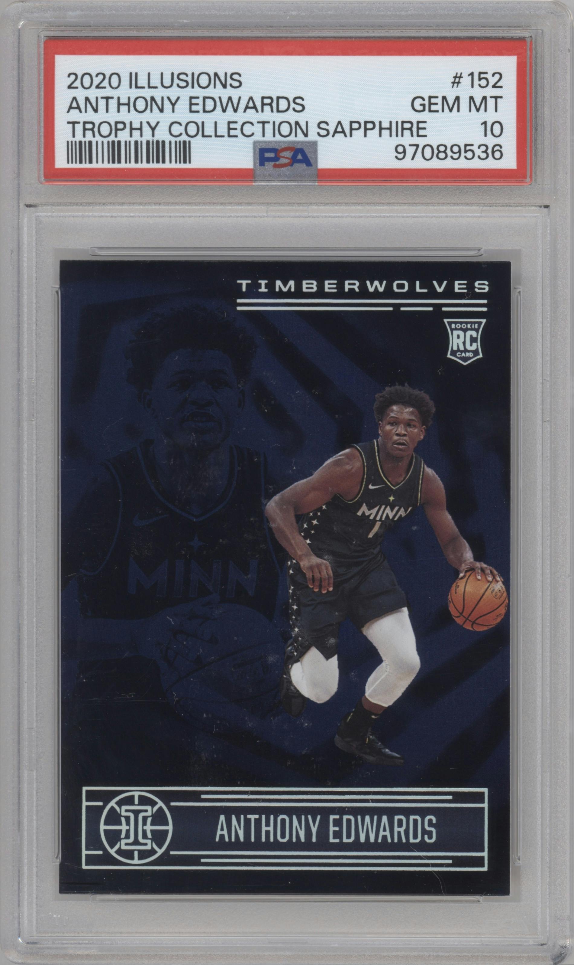 Anthony Edwards  from the 2020-21 Panini Illusions  set featuring a Trophy Collection Sapphire parallel graded by PSA and given an overall grade of 10.