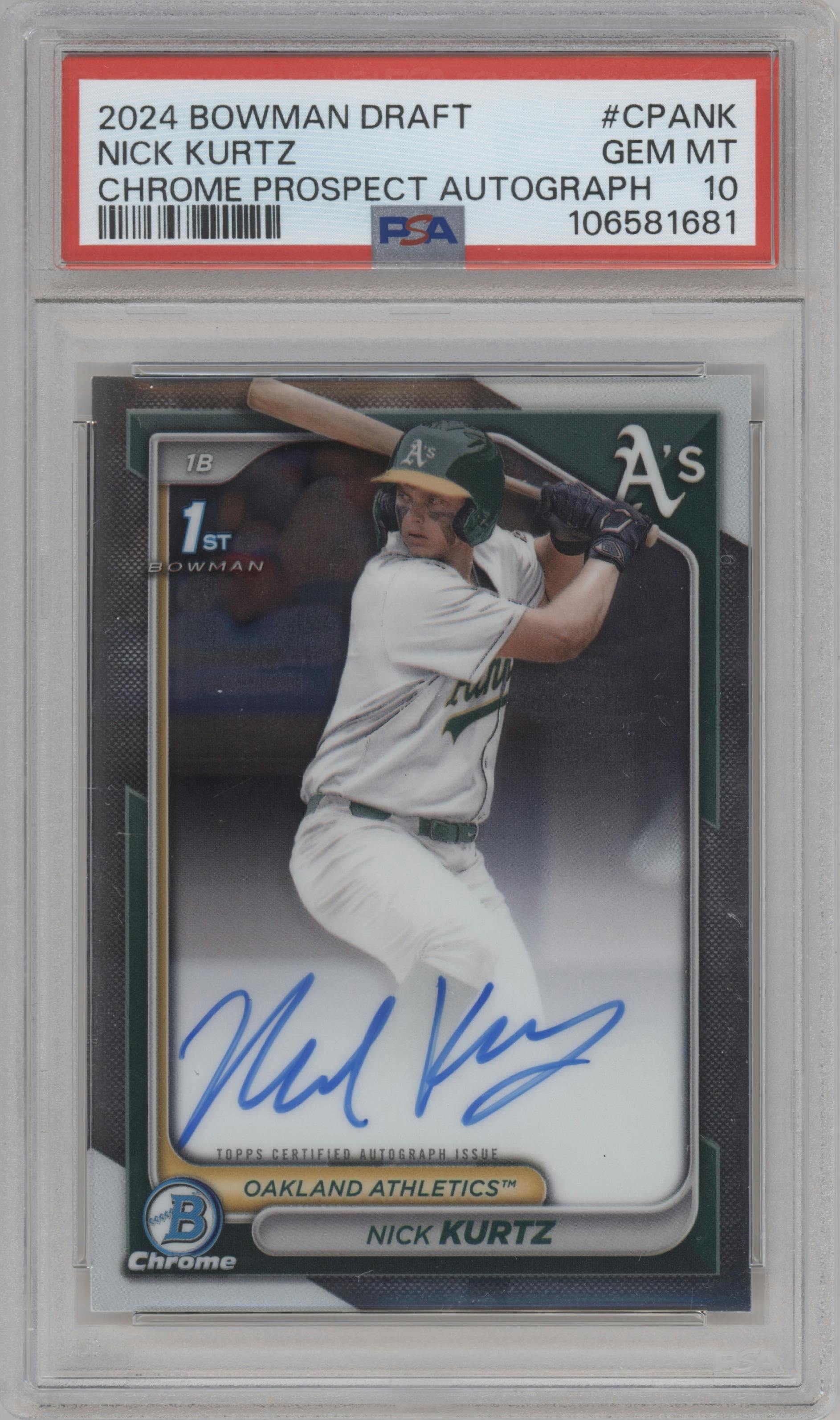 Nick Kurtz from the 2024 Bowman Draft set graded by PSA and given an overall grade of 10.