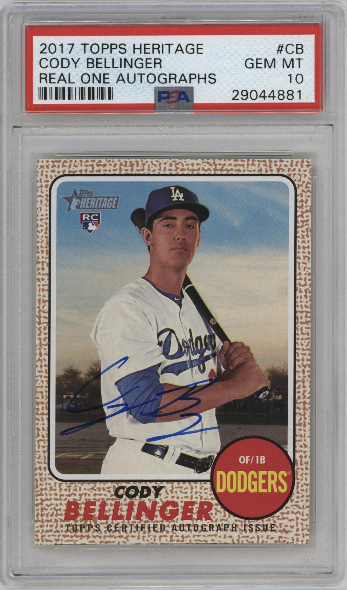 Cody Bellinger from the 2017 Topps Heritage High Number set graded by PSA and given an overall grade of 10.