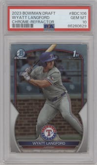 Wyatt Langford from the 2023 Bowman Draft set featuring a Refractor parallel graded by PSA and given an overall grade of 10.