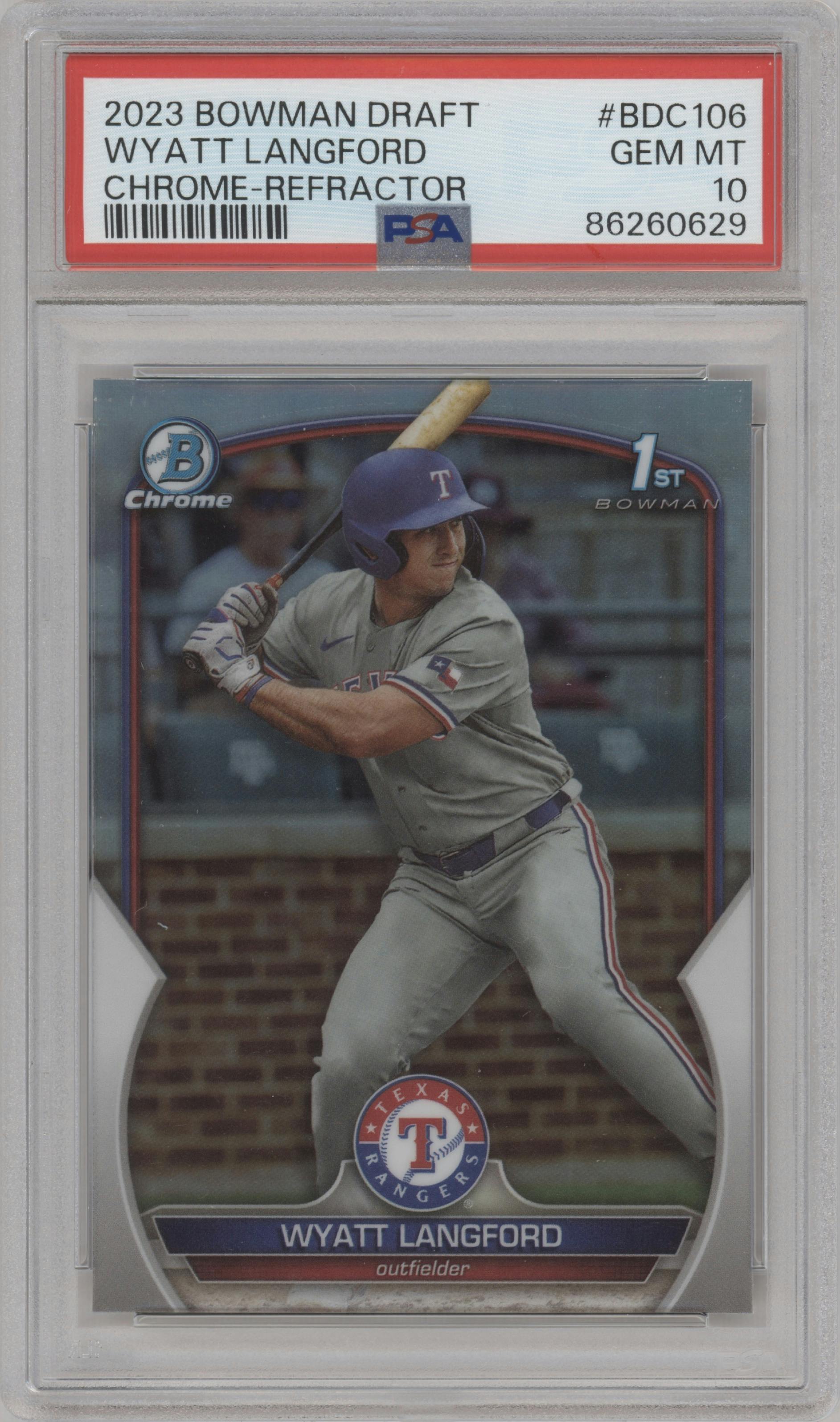 Wyatt Langford from the 2023 Bowman Draft set featuring a Refractor parallel graded by PSA and given an overall grade of 10.