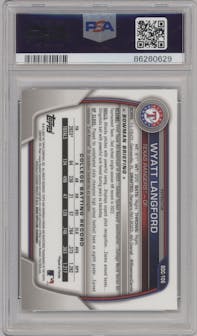 Wyatt Langford from the 2023 Bowman Draft set featuring a Refractor parallel graded by PSA and given an overall grade of 10.