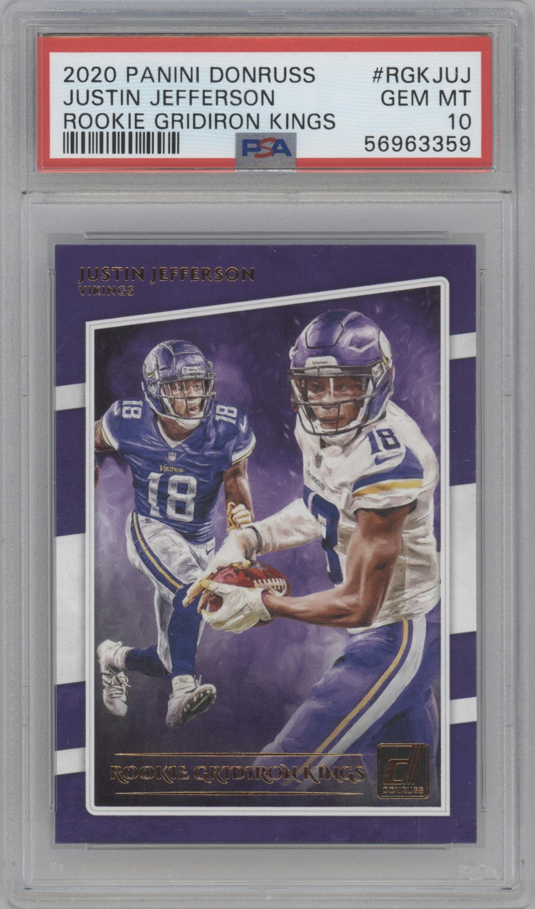 Justin Jefferson from the 2020 Panini Donruss set graded by PSA and given an overall grade of 10.