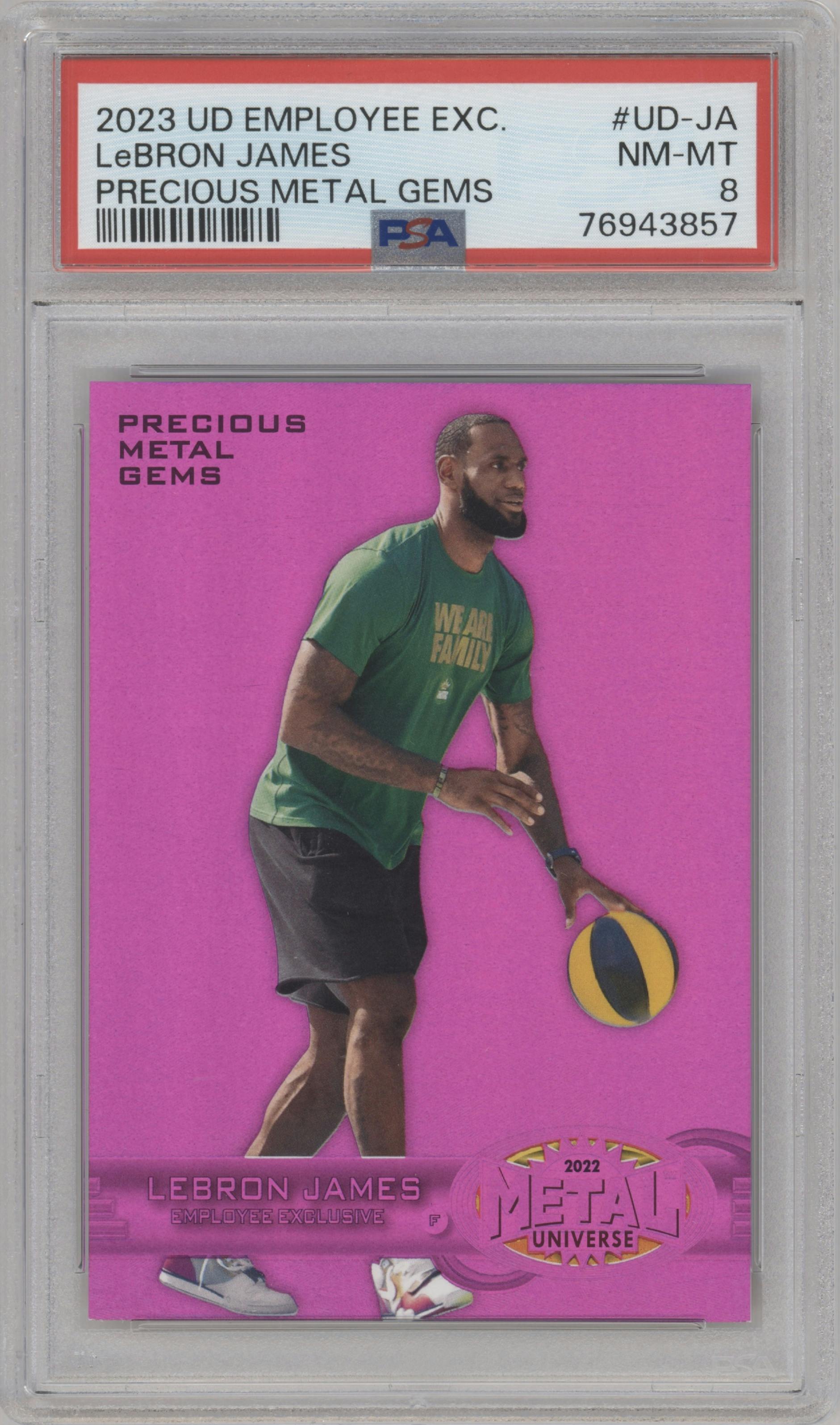LeBron James from the 2023 Upper Deck Employee Exclusive set graded by PSA and given an overall grade of 8.