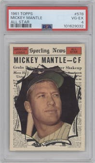 Mickey Mantle from the 1961 Topps set graded by PSA and given an overall grade of 4.