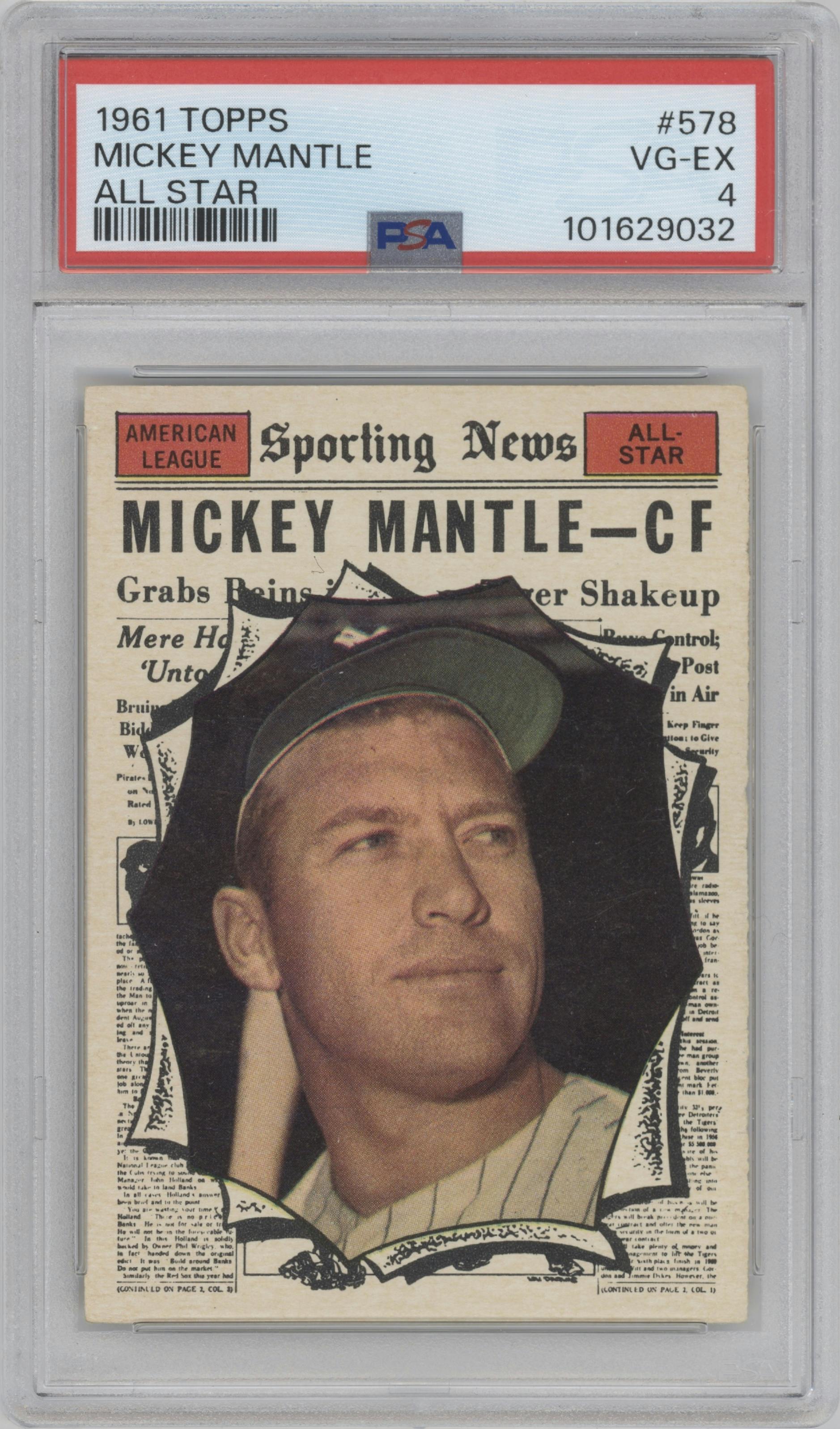 Mickey Mantle from the 1961 Topps set graded by PSA and given an overall grade of 4.