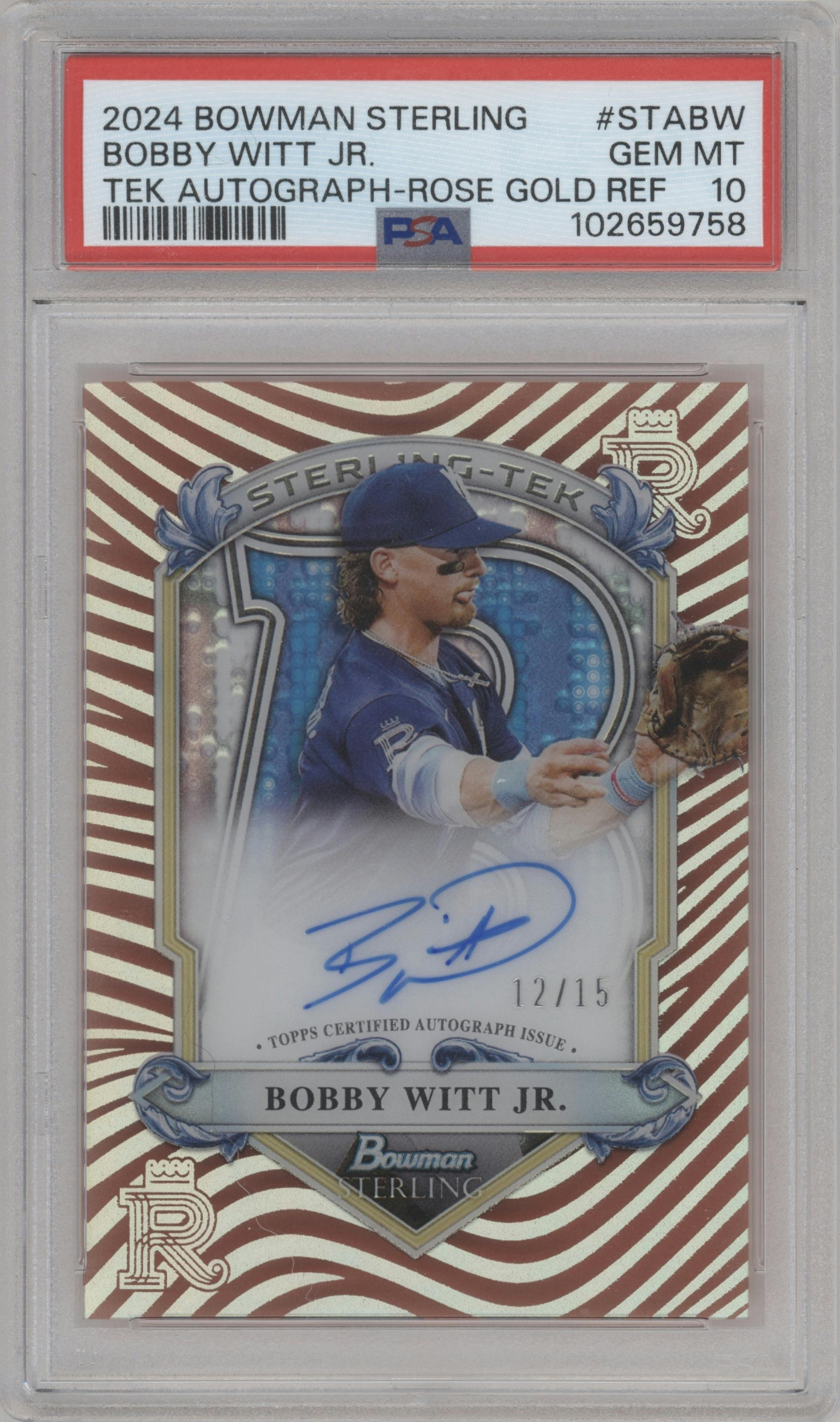 Bobby Witt Jr. from the 2024 Bowman Sterling set featuring a Rose Gold Refractor parallel graded by PSA and given an overall grade of 10.