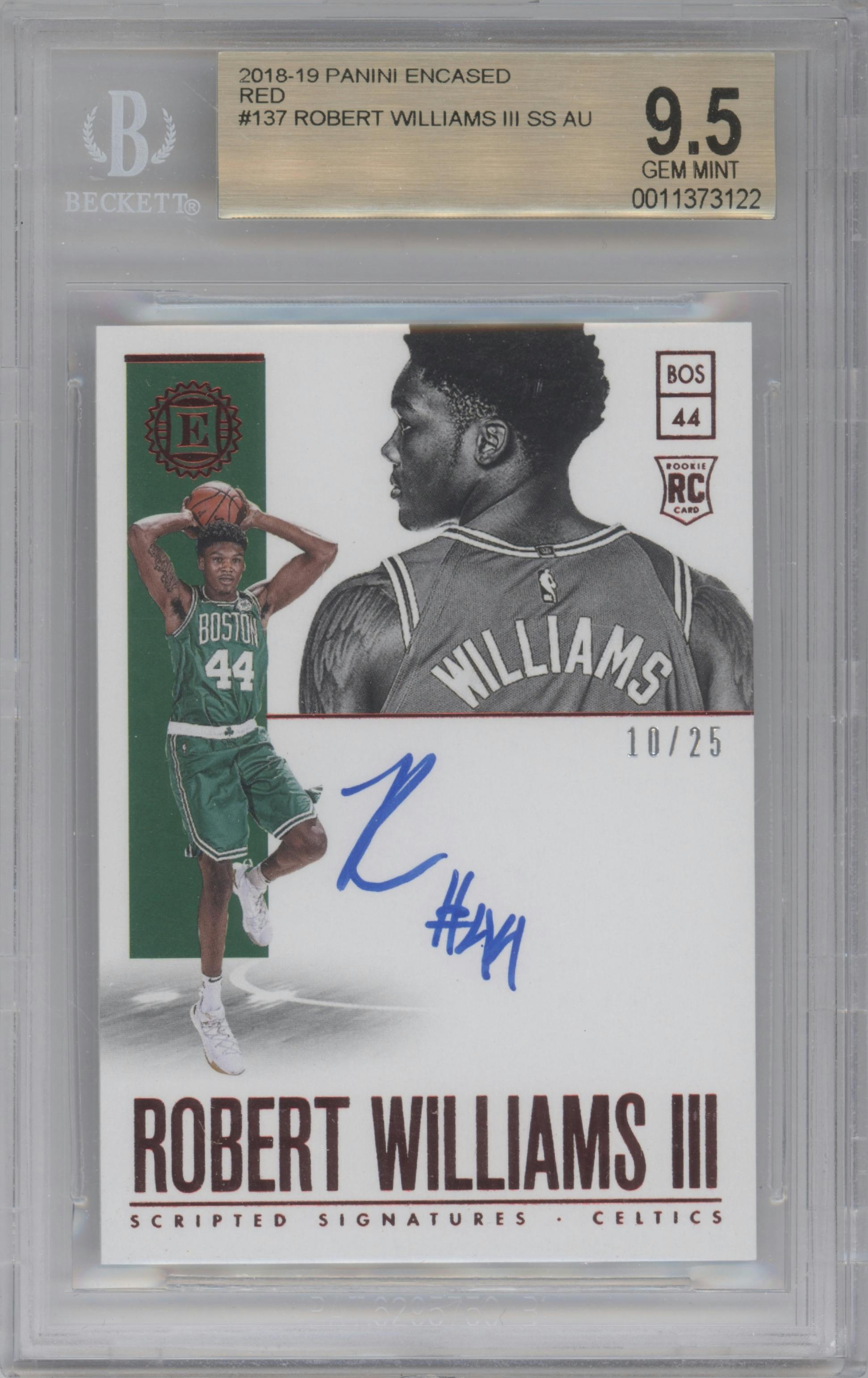 Robert Williams III from the 2018-19 Panini Encased set featuring a Red parallel graded by Beckett and given an overall grade of 9.5.