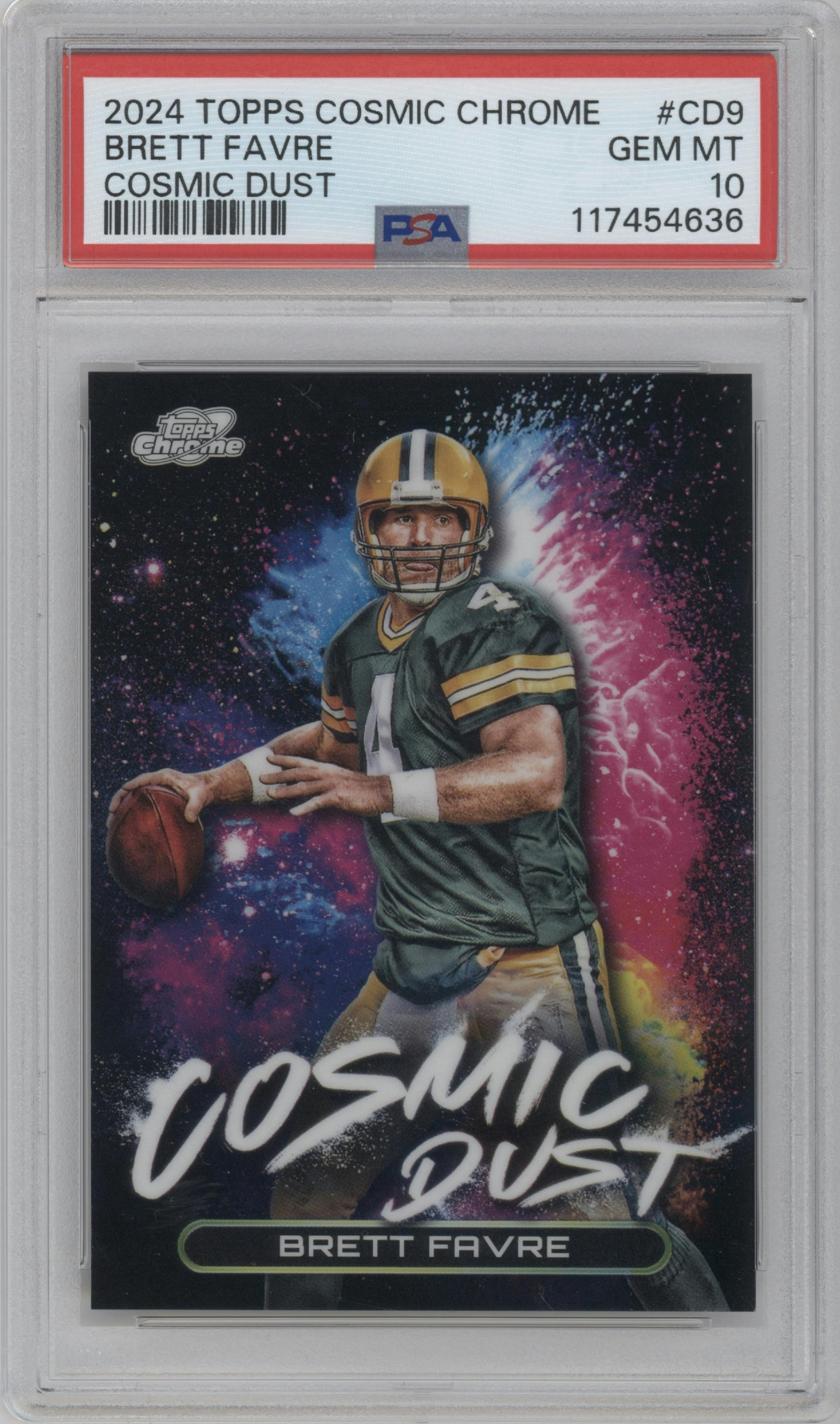Brett Favre from the 2024 Topps Cosmic Chrome set graded by PSA and given an overall grade of 10.