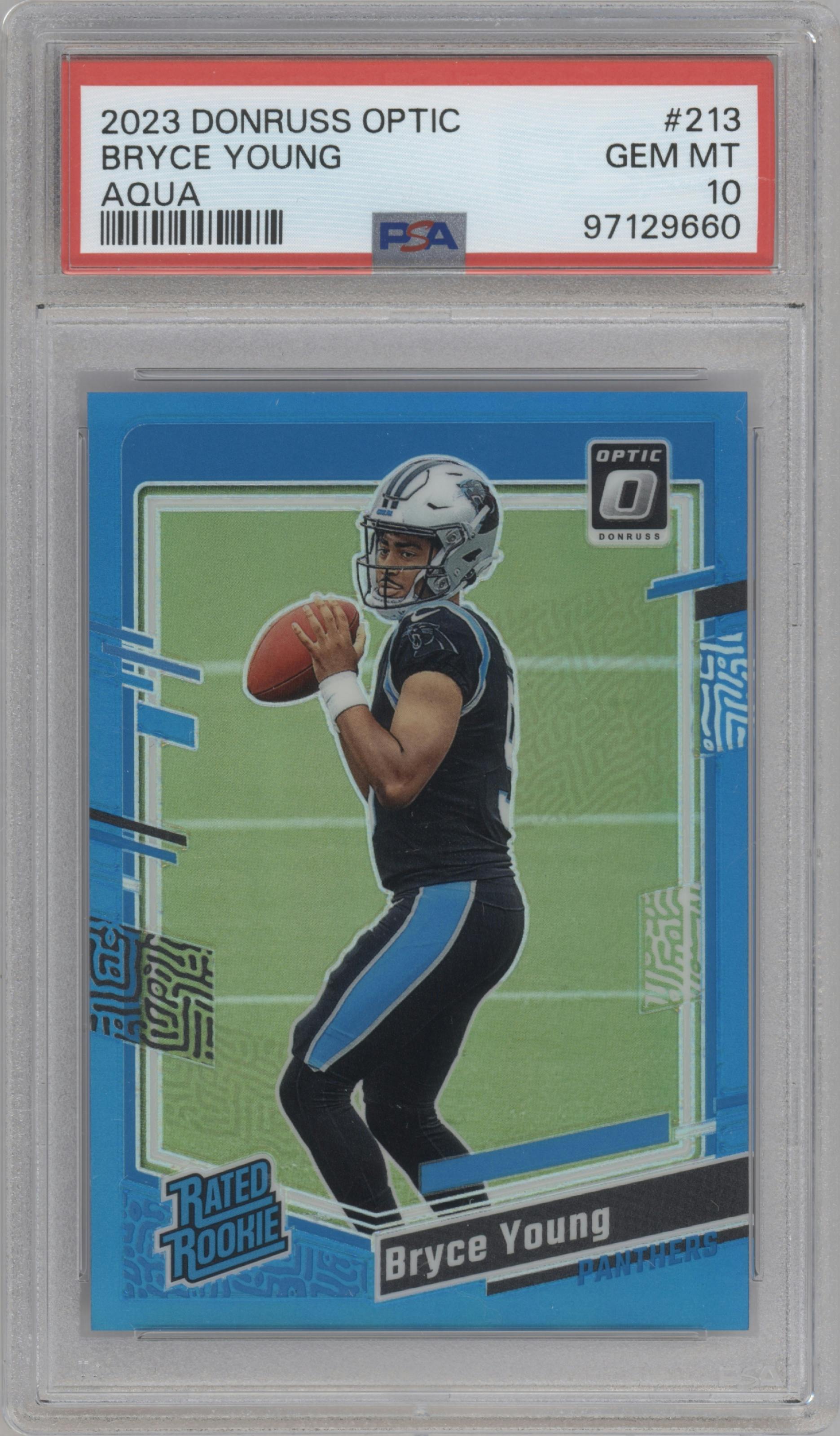 Bryce Young from the 2023 Donruss Optic set featuring a Aqua parallel graded by PSA and given an overall grade of 10.
