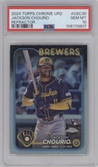 Jackson Chourio from the 2024 Topps Chrome Update set featuring a Refractor parallel graded by PSA and given an overall grade of 10.