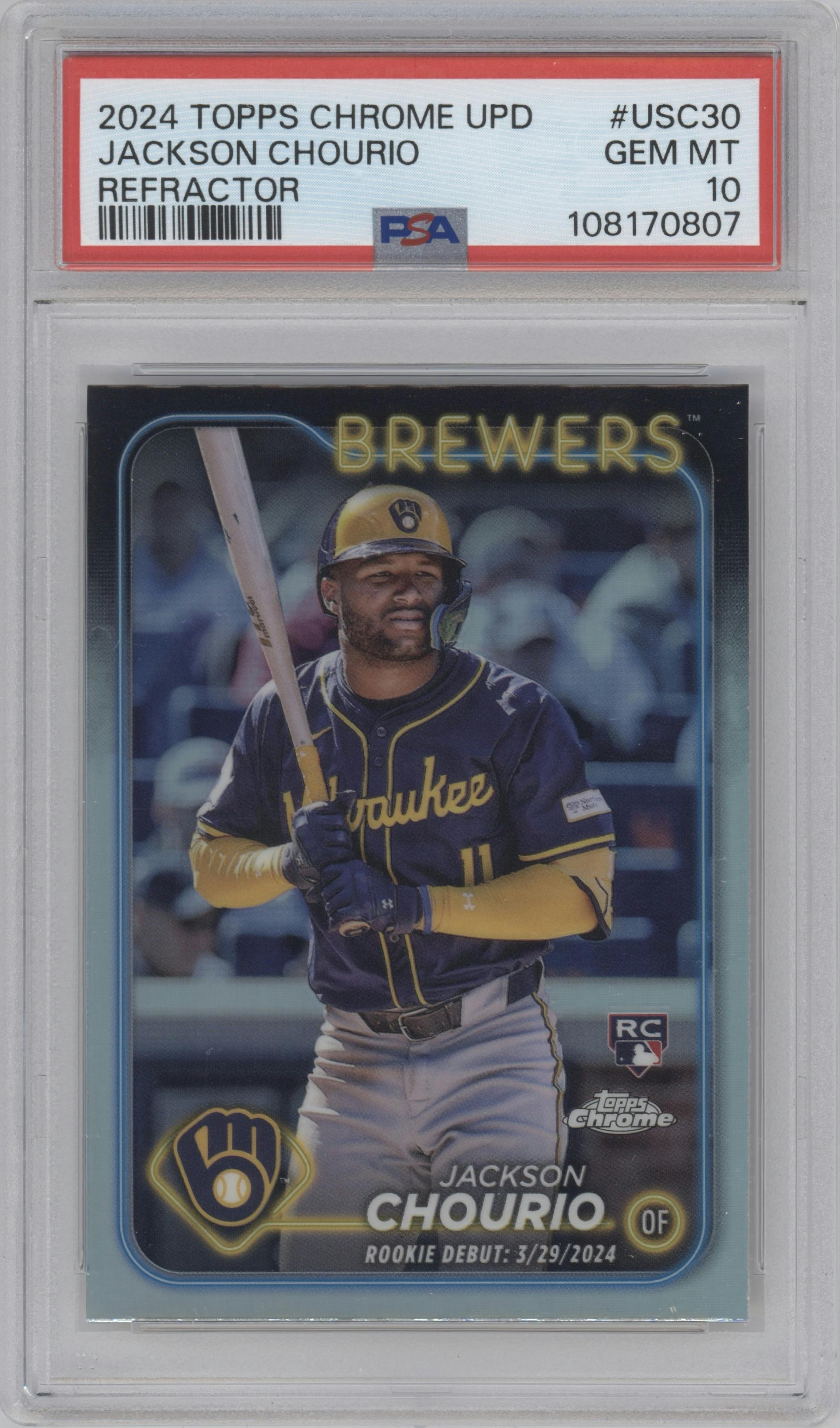 Jackson Chourio from the 2024 Topps Chrome Update set featuring a Refractor parallel graded by PSA and given an overall grade of 10.