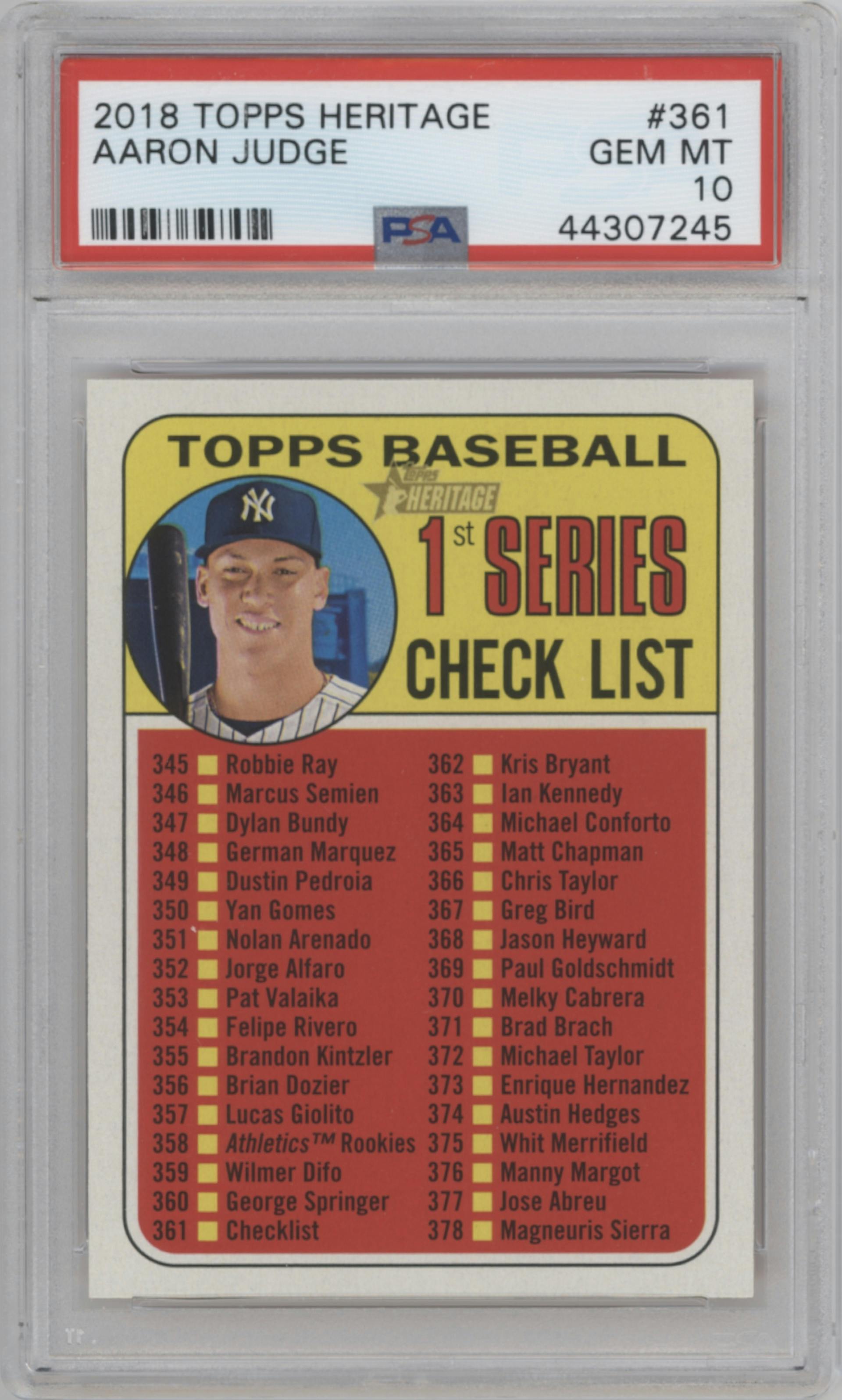 Aaron Judge from the 2018 Topps Heritage set graded by PSA and given an overall grade of 10.