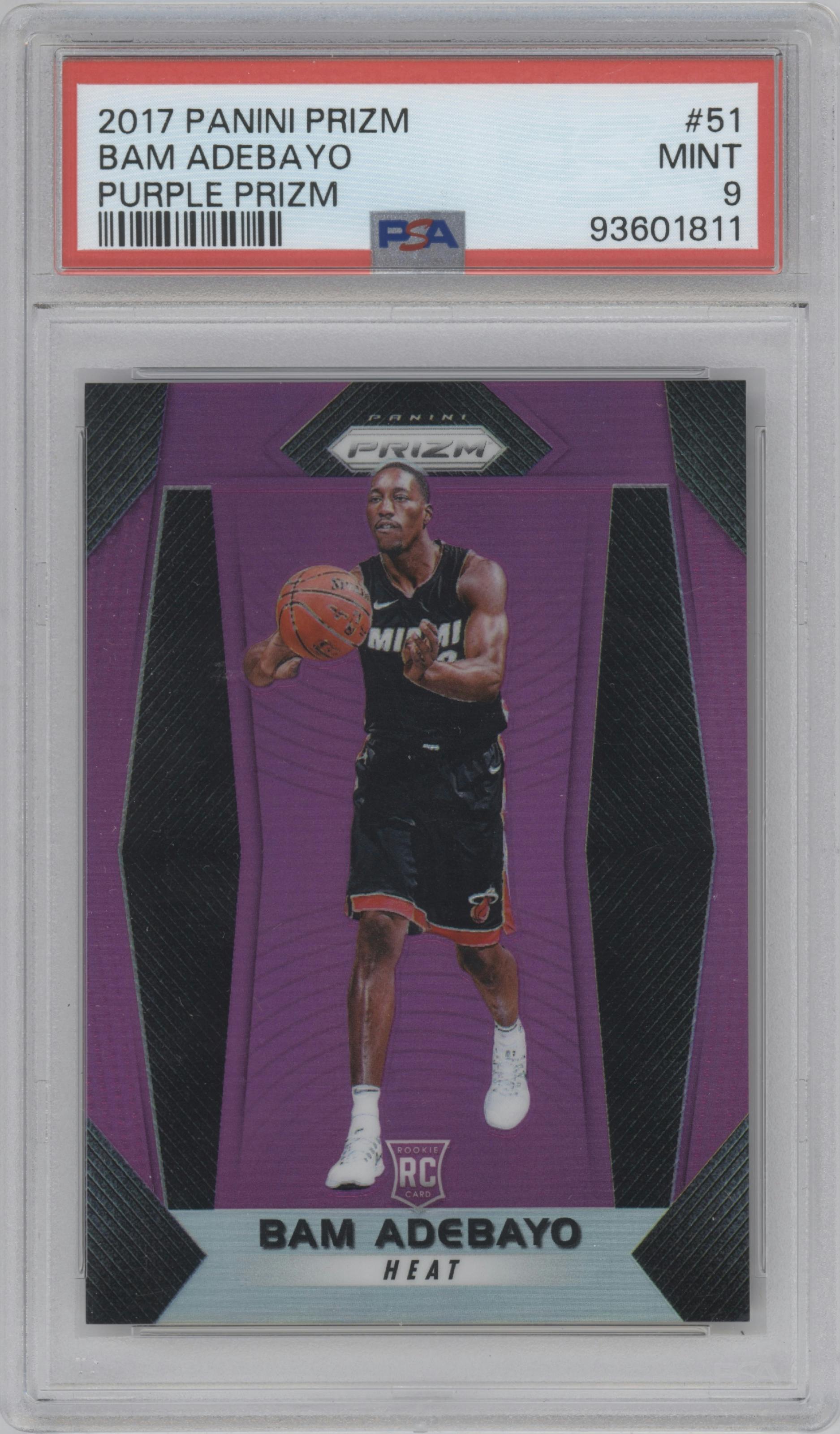 Bam Adebayo from the 2017-18 Panini Prizm  set featuring a Purple Prizm parallel graded by PSA and given an overall grade of 9.