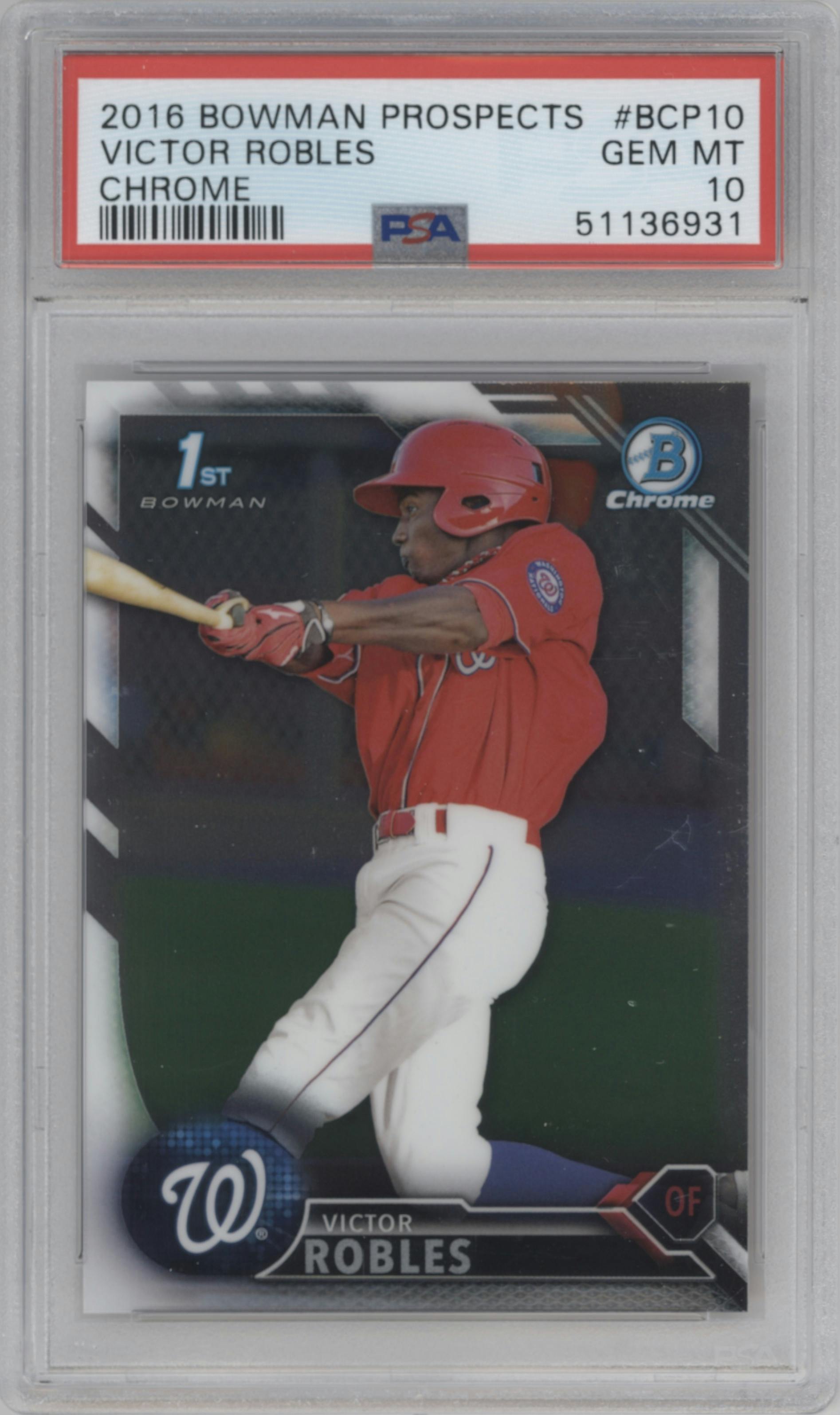 Victor Robles from the 2016 Bowman set graded by PSA and given an overall grade of 10.