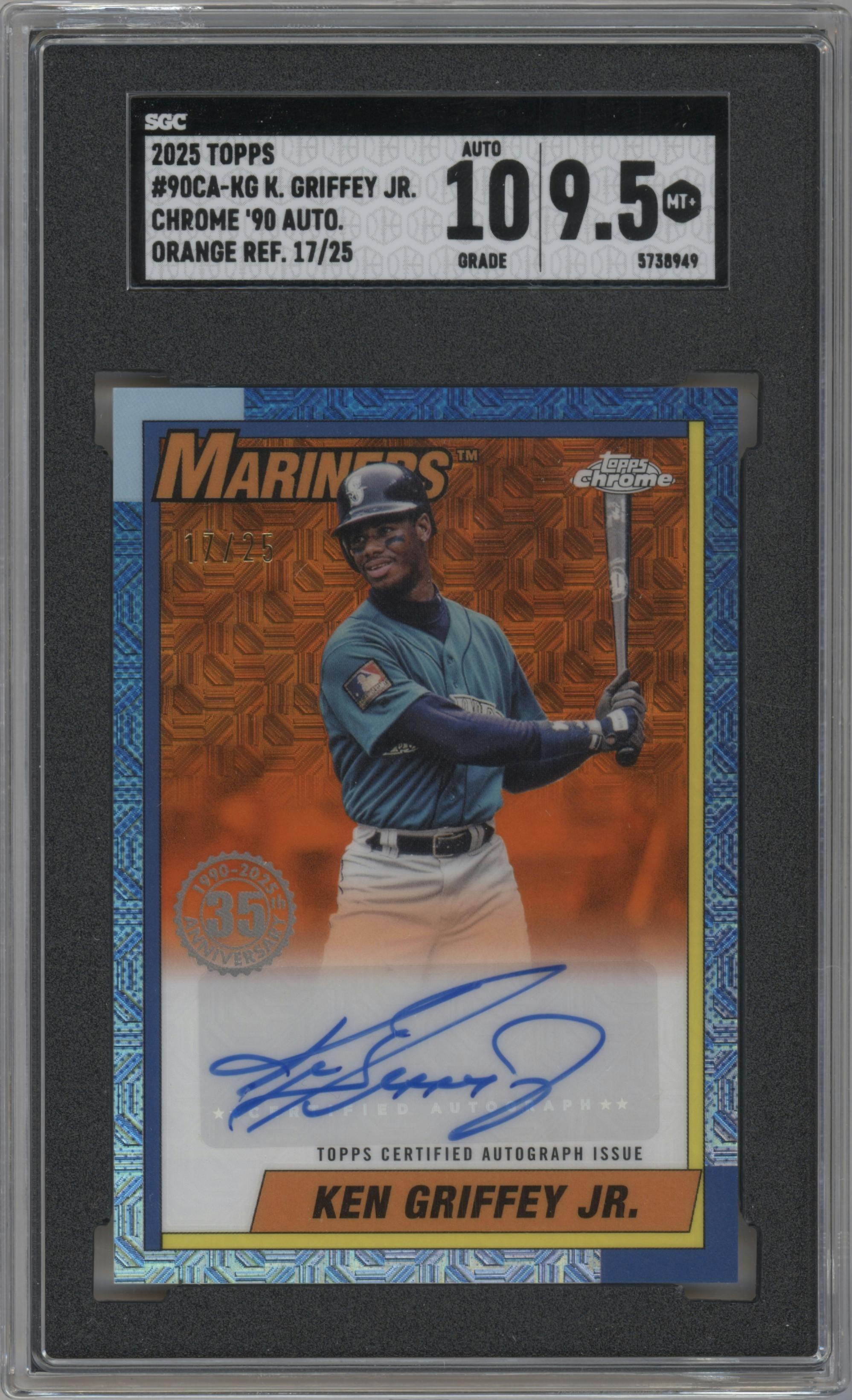 Ken Griffey Jr. from the 2025 Topps set featuring a Orange parallel graded by SGC and given an overall grade of 9.5.