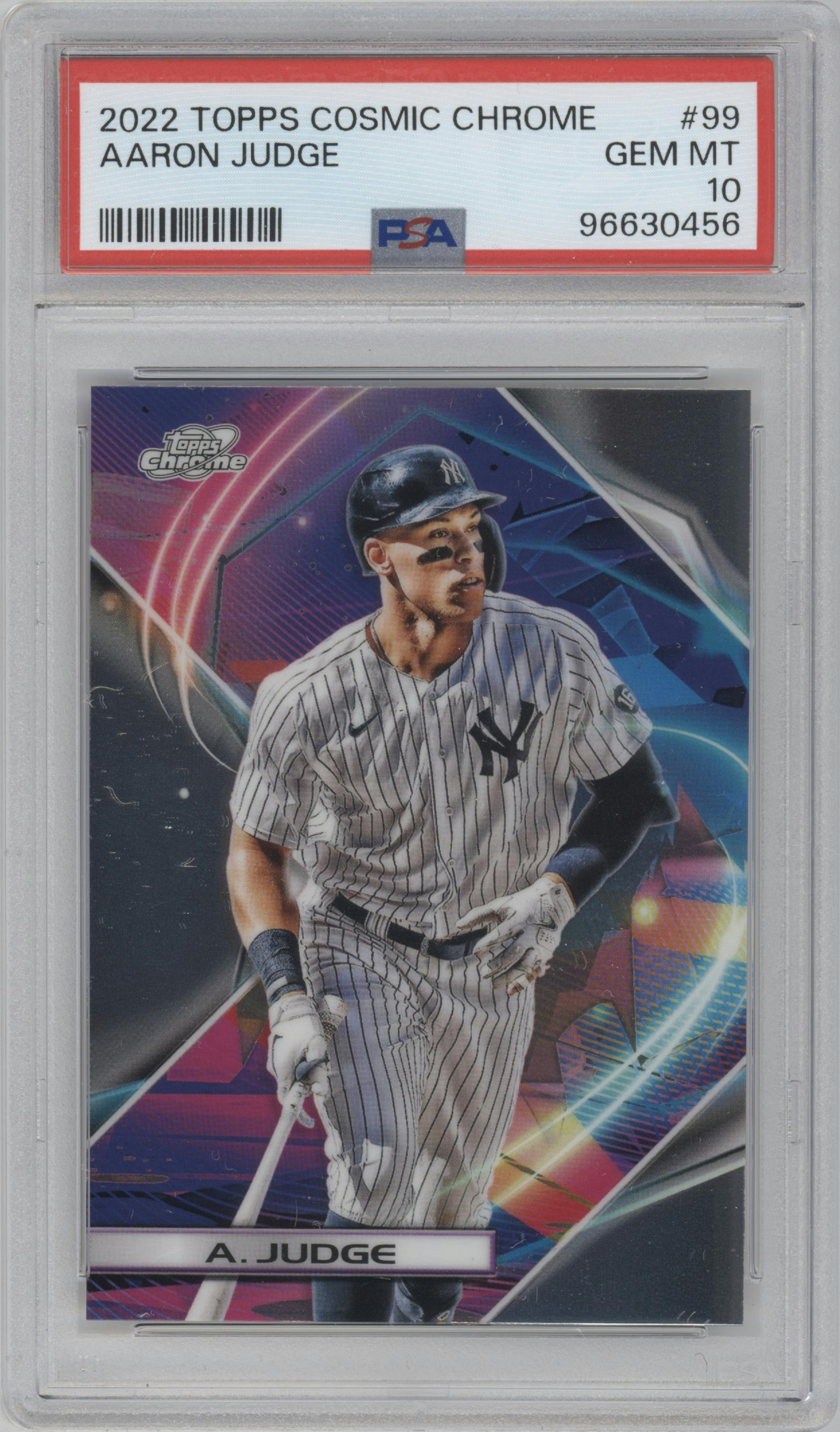 Aaron Judge from the 2022 Topps Cosmic Chrome set graded by PSA and given an overall grade of 10.