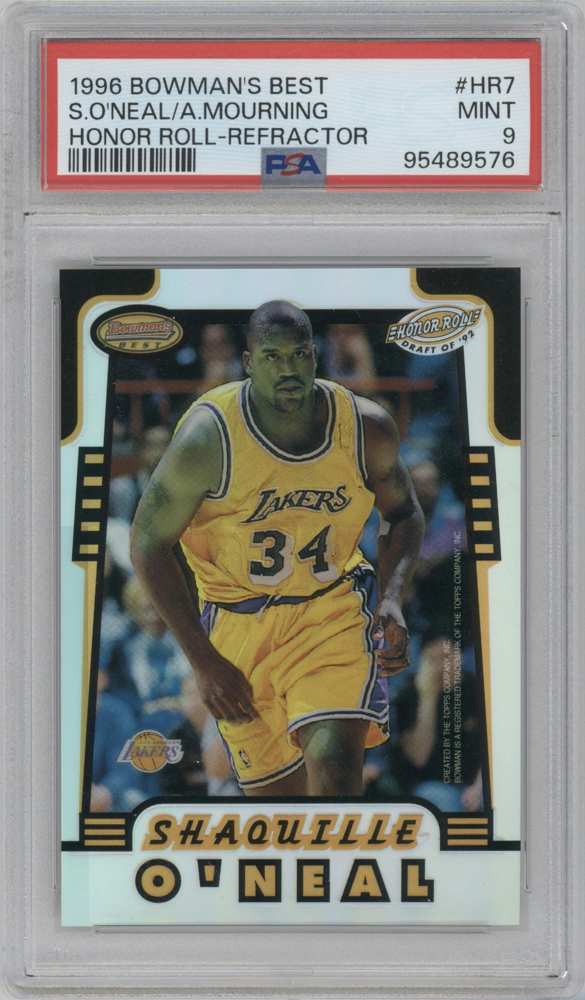 Shaquille O'Neal /Alonzo Mourning from the 1996-97 Bowman’s Best  set featuring a Refractor parallel graded by PSA and given an overall grade of 9.
