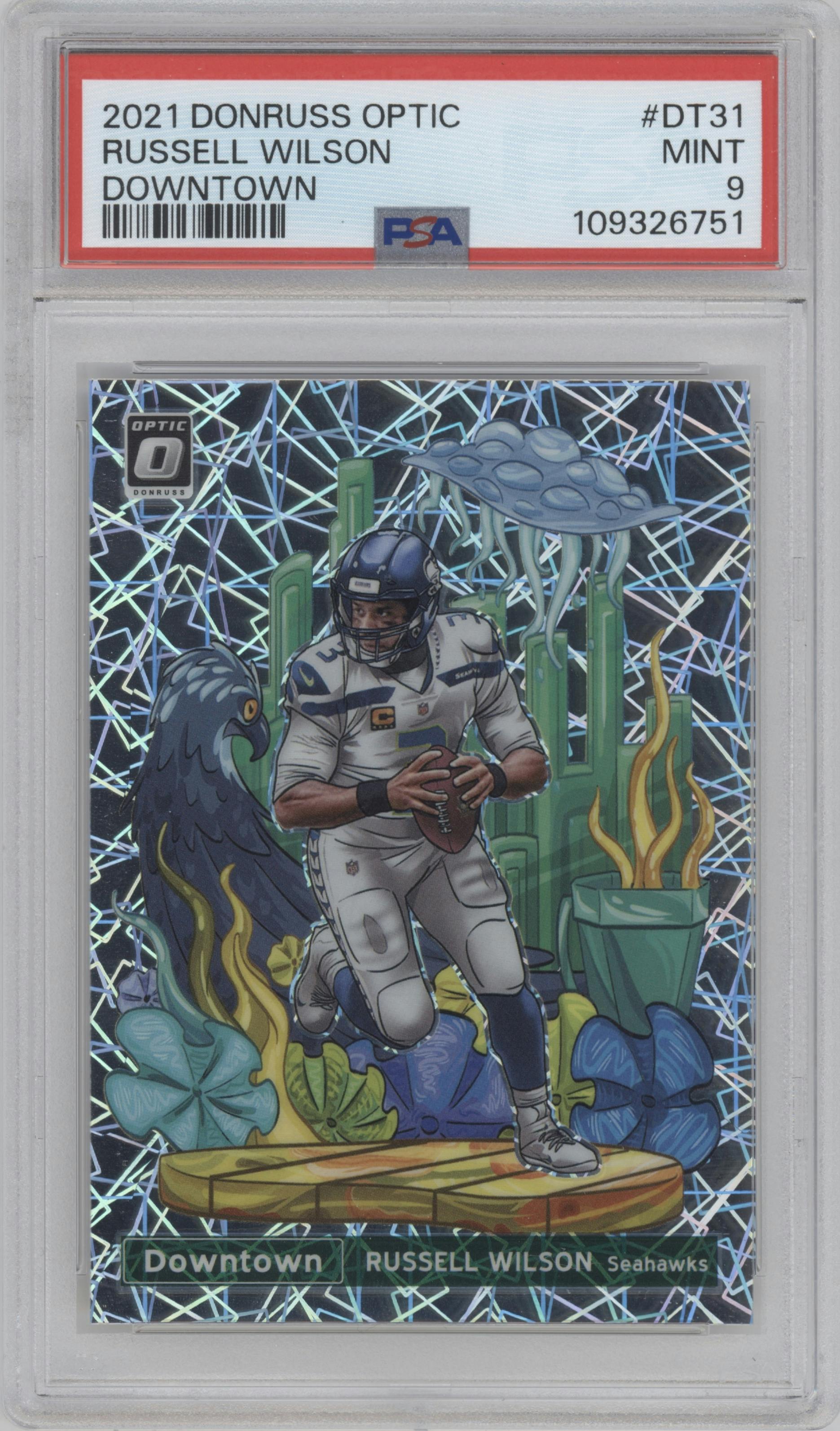 Russell Wilson from the 2021 Panini Donruss Optic set graded by PSA and given an overall grade of 9.